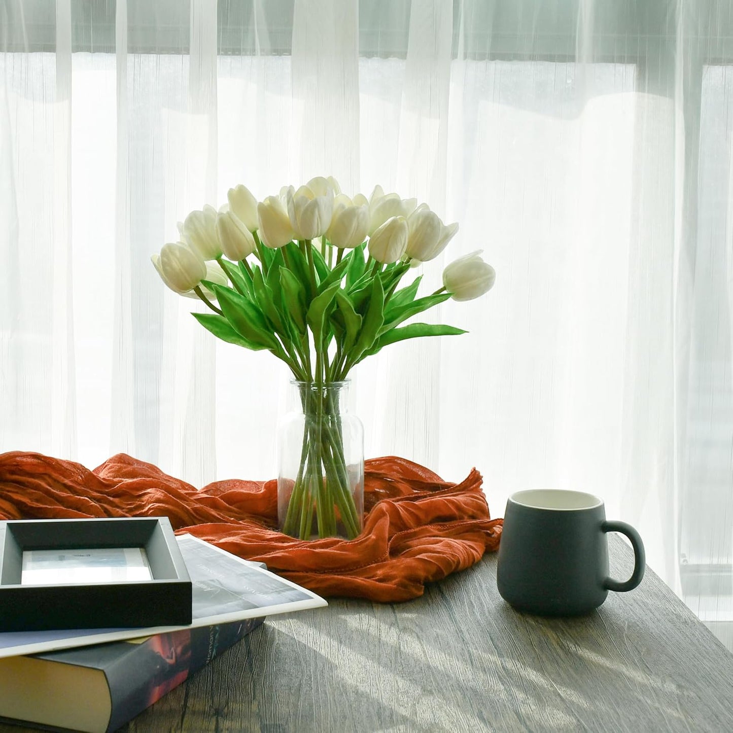 Mandy's Artificial Tulips 12 Stems White PU Faux Flowers for Wedding Home Decor 13.5 Inch