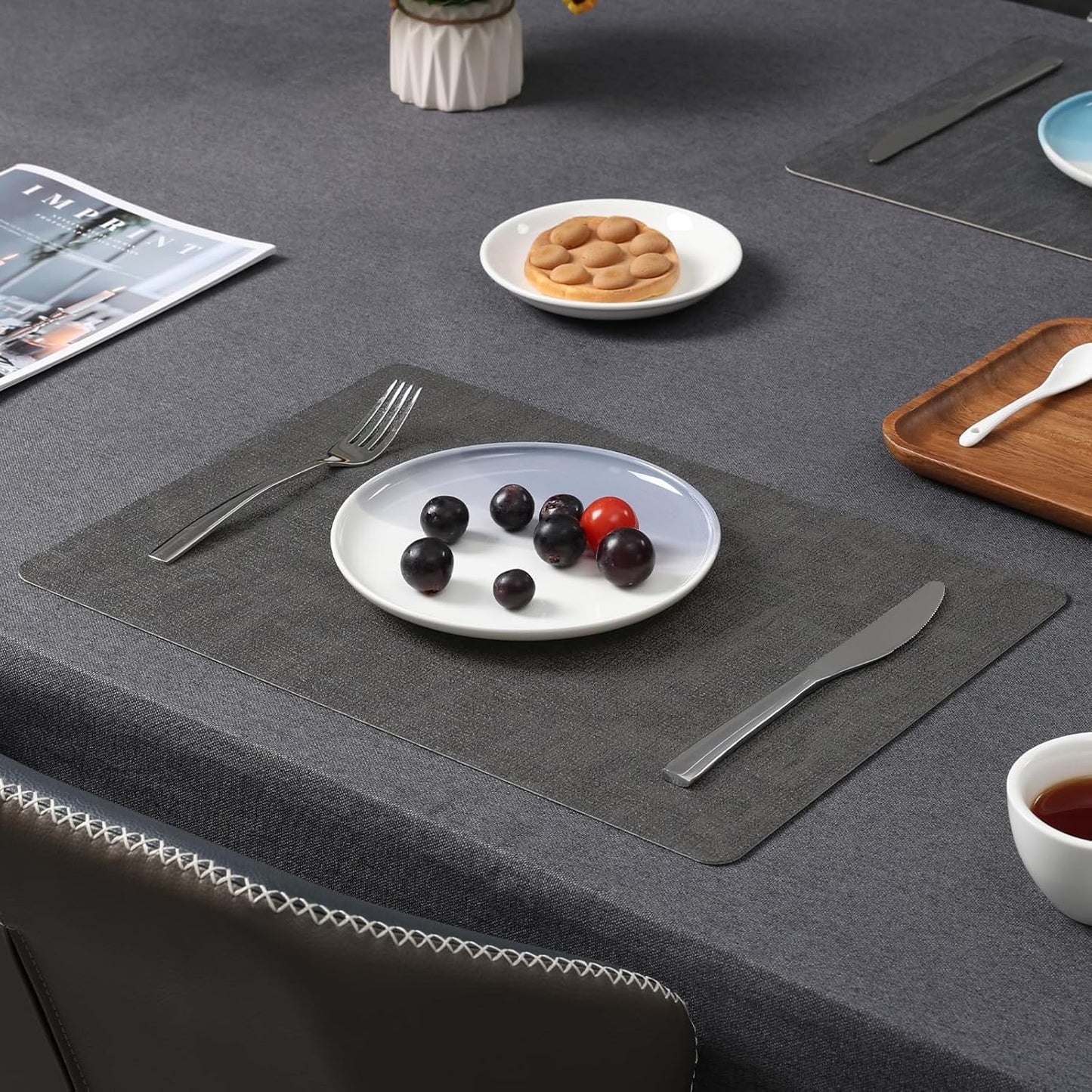 Myir JUN Placemats Dual Sided, Faux Leather Place Mats Set of 6 Indoor Placemat for Dining Table Outdoor Place Mat Square Non-Slip Washable Table Mats (Gray Brown, Set of 6)