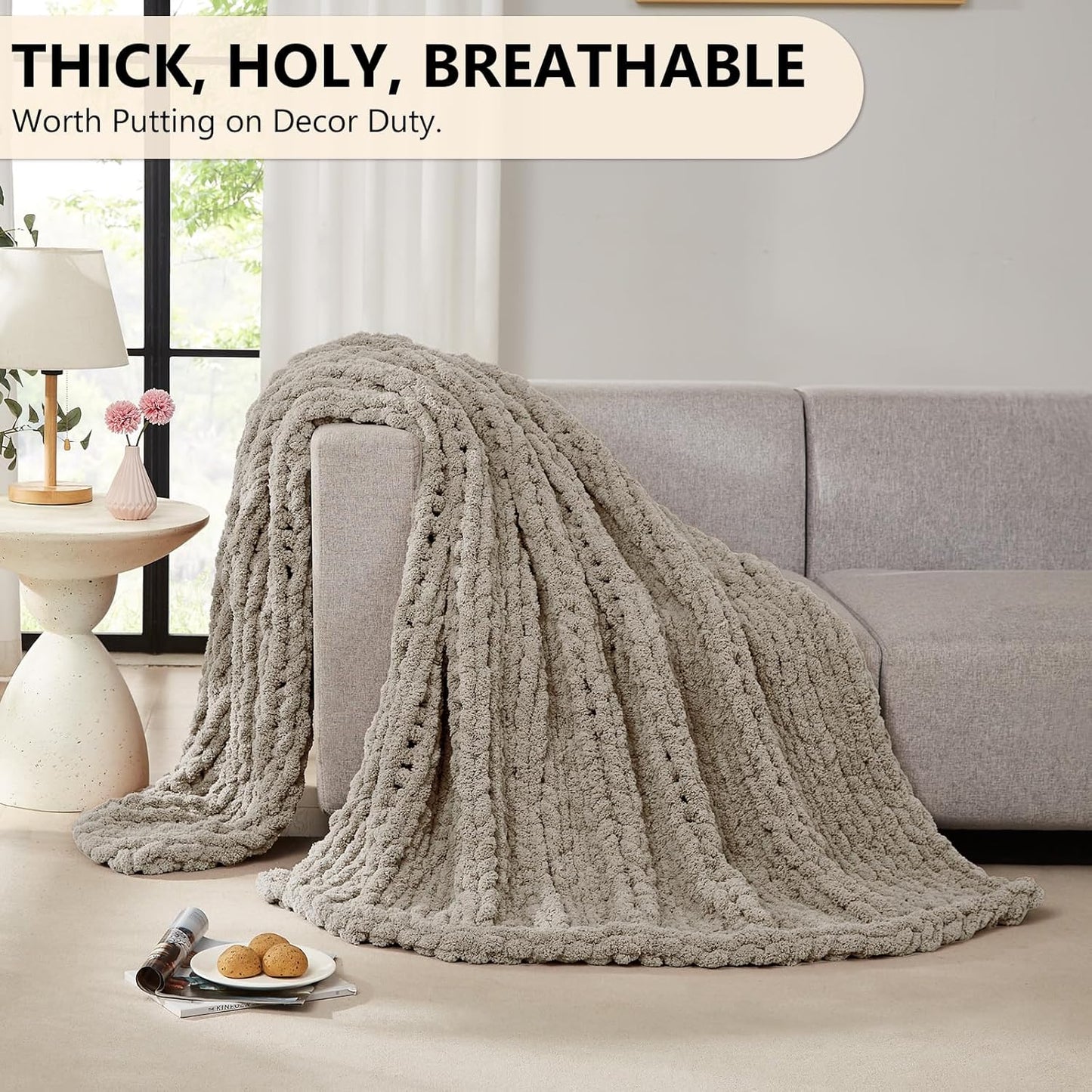 L'AGRATY Chunky Knit Blanket Throw: 80''x90'' Chenille Chunky Knitted Throw Blankets for Bed Couch - Handmade Thick Big Cable Knit Blanket - Large Crochet Rope Blankets for Home Decor(Light Linen)