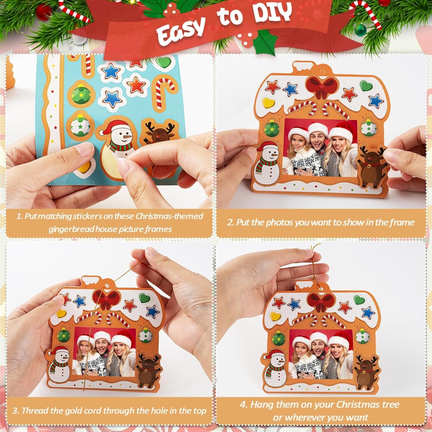 28 Pack Christmas Picture Frame Craft Kits for Kids, Xmas DIY Gingerbread House Candy Photo Craft Christmas Hanging Frame Ornaments for Xmas Tree Holiday Art Decorations Home Class Game Activities