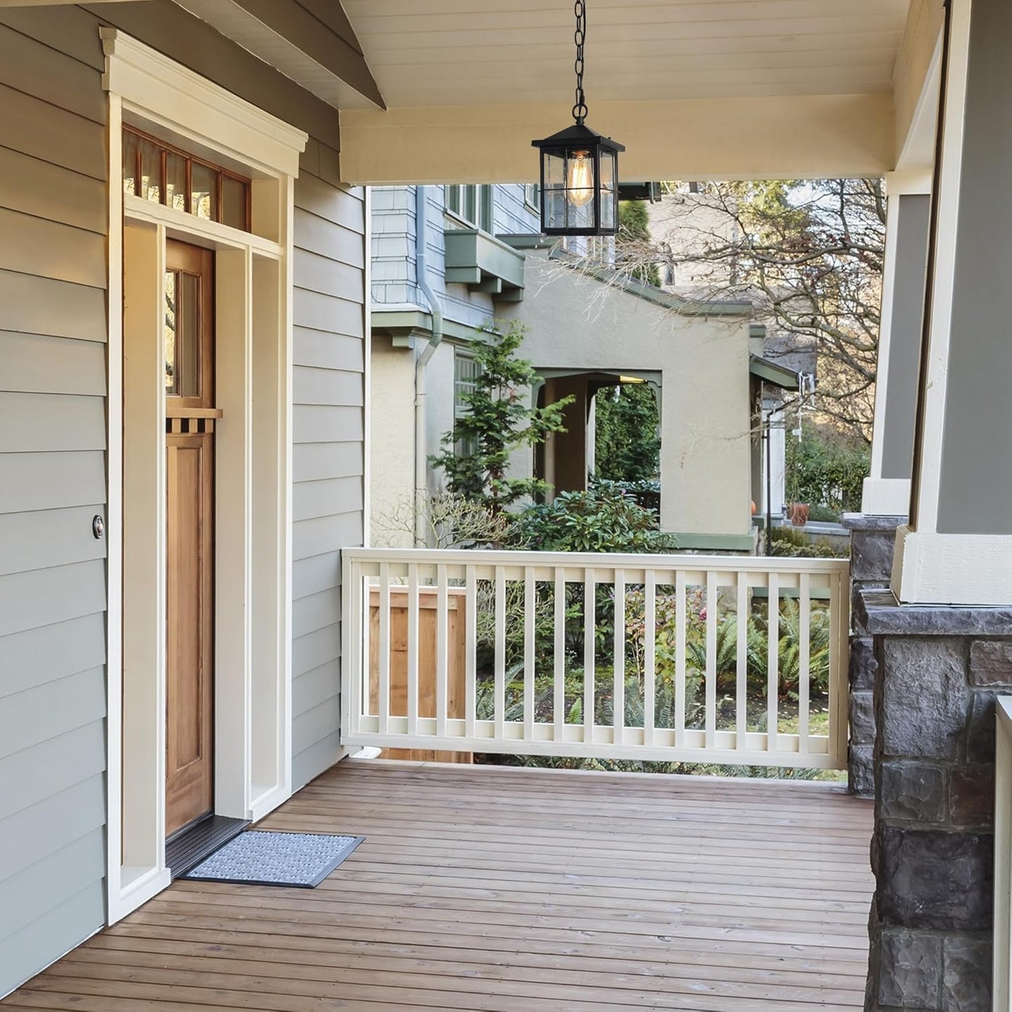 LOG BARN Outdoor Pendant Light Fixture, Farmhouse Exterior Lights, Anti-Rust Ceiling Outdoor Light with Seeded Glass, Lantern Hanging Light for Front Door, Entry, Porch, and Gazebo