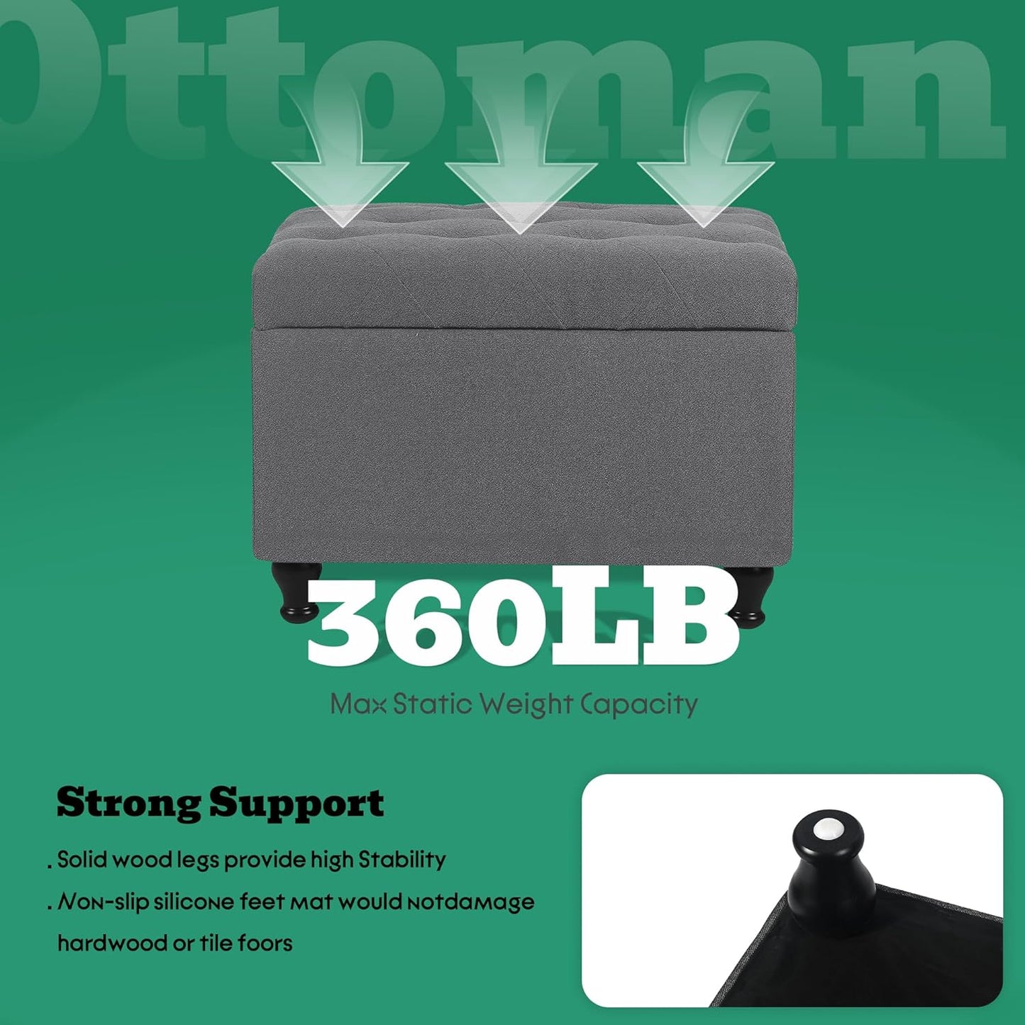 Ottoman with Storage 24'' Storage Ottomans Fabric Ottoman Footstools Small Upholstered Foot Rest Stool for Couch, Living Room, Bedroom, Entrance Shoe Bench Grey