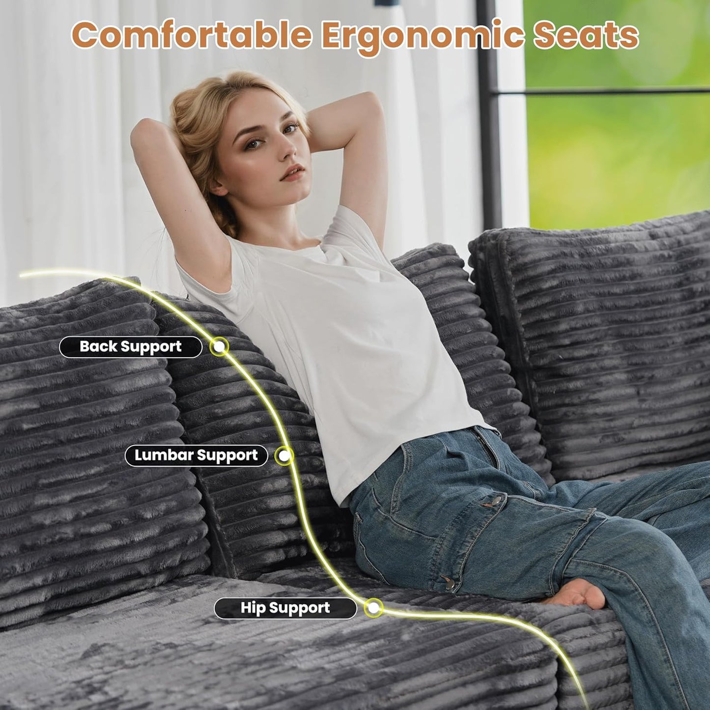 ovios Sectional Sofa Couch with U-Shape Chaise Ottomans, Comfy Modular Cloud Couches with Deep Seat, Modern Upholstered Plush Corduroy Sofas Set for Living Room, 6-Seater, Grey