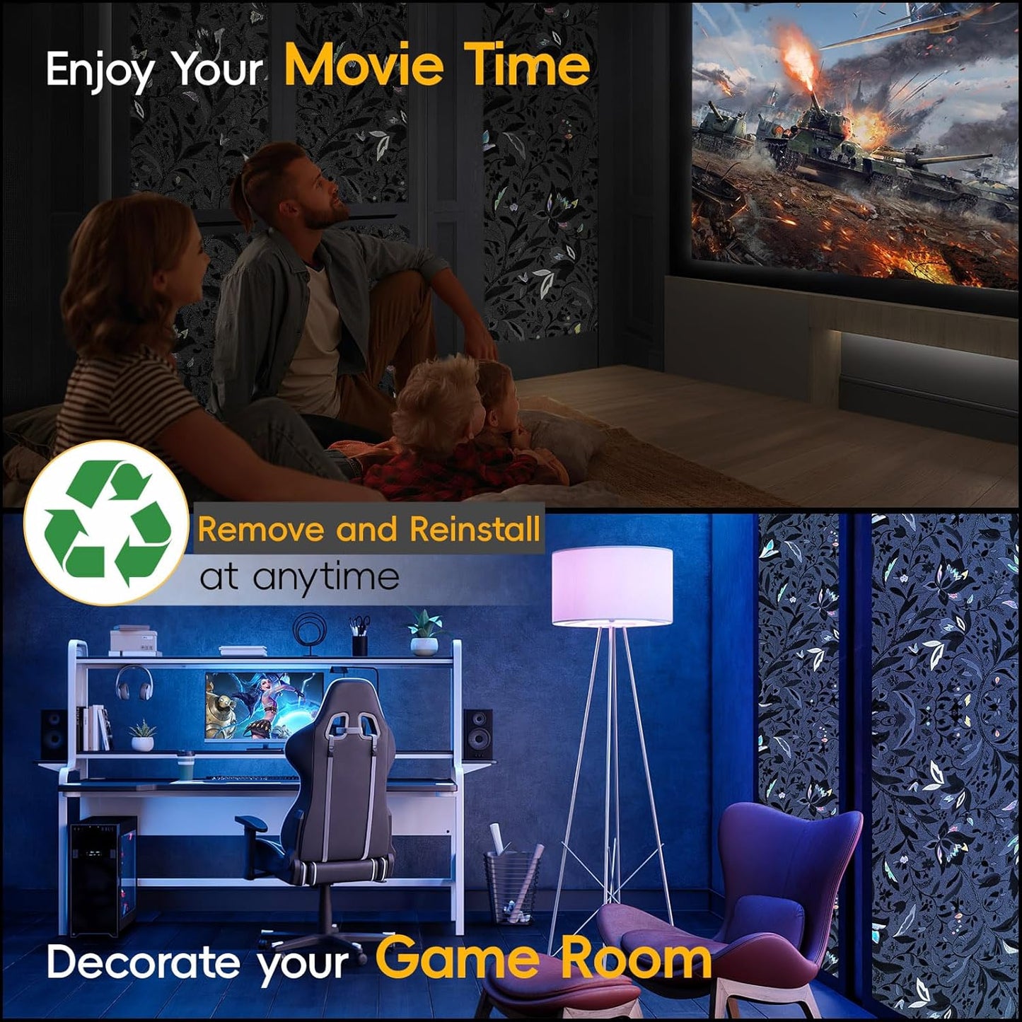 Total Blackout Window Privacy Film Decorative Static Cling with Tools, Room Darkening Window Tint for Home, Black Out Window Cover Replacement Window Curtains Window Blinds,45.2" by 78.74"