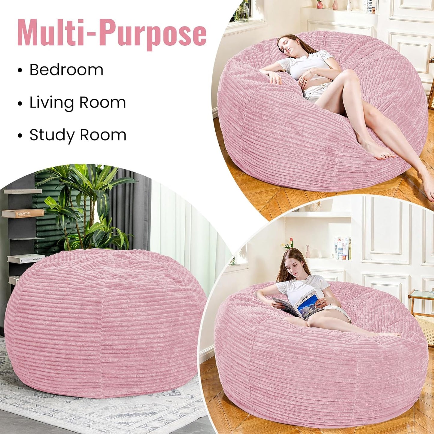 Large Bean Bag Chair, 6FT Giant Beanbag Chairs with Memory Foam Filled, Bean Bag Chairs for Adults, Ultra Soft Lazy Sofa for Living Room Bedroom (Pink)