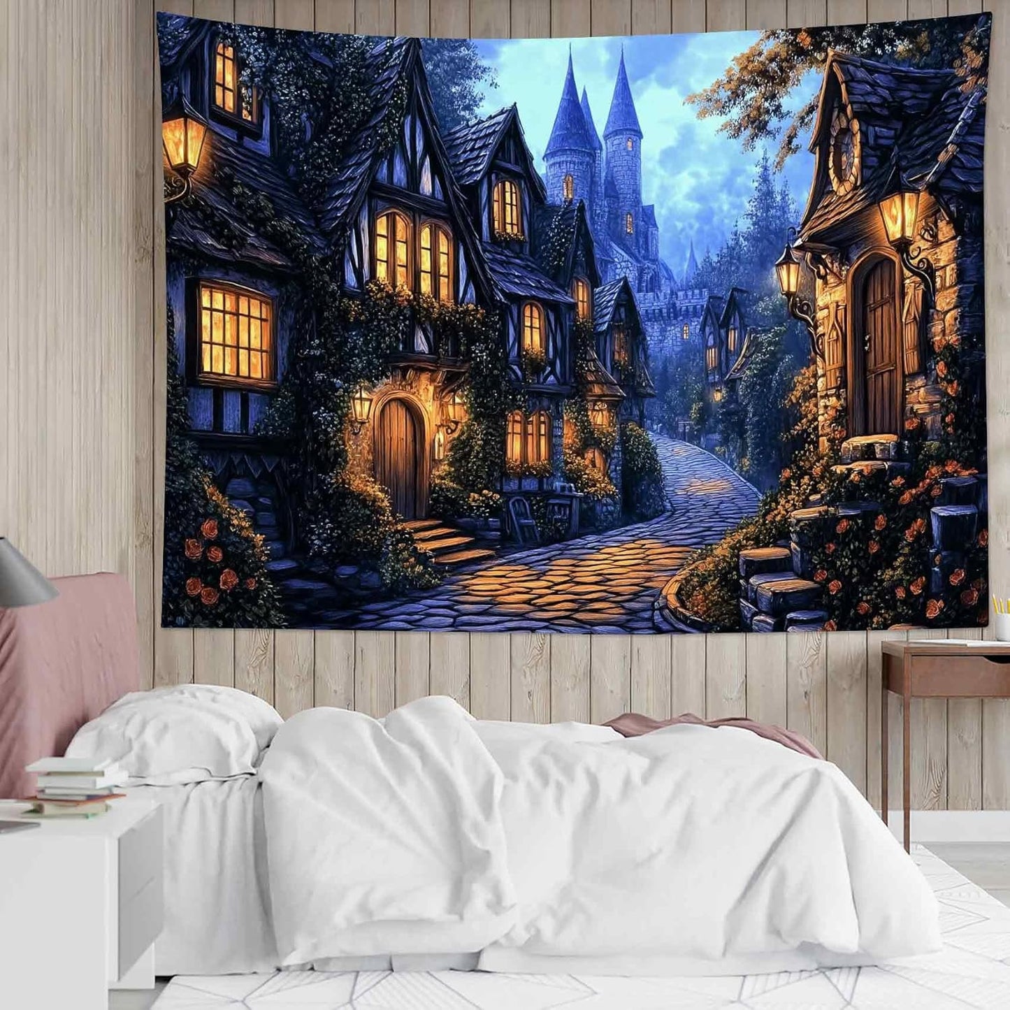LB Vintage Castle Tapestry, Night Street Old House and Green Tree Wall Tapestry for Bedroom Aesthetic, Village Gothic Wall Art for Living Room Dorm Home Decor Ready to Hanging, 80 x 60 Inches