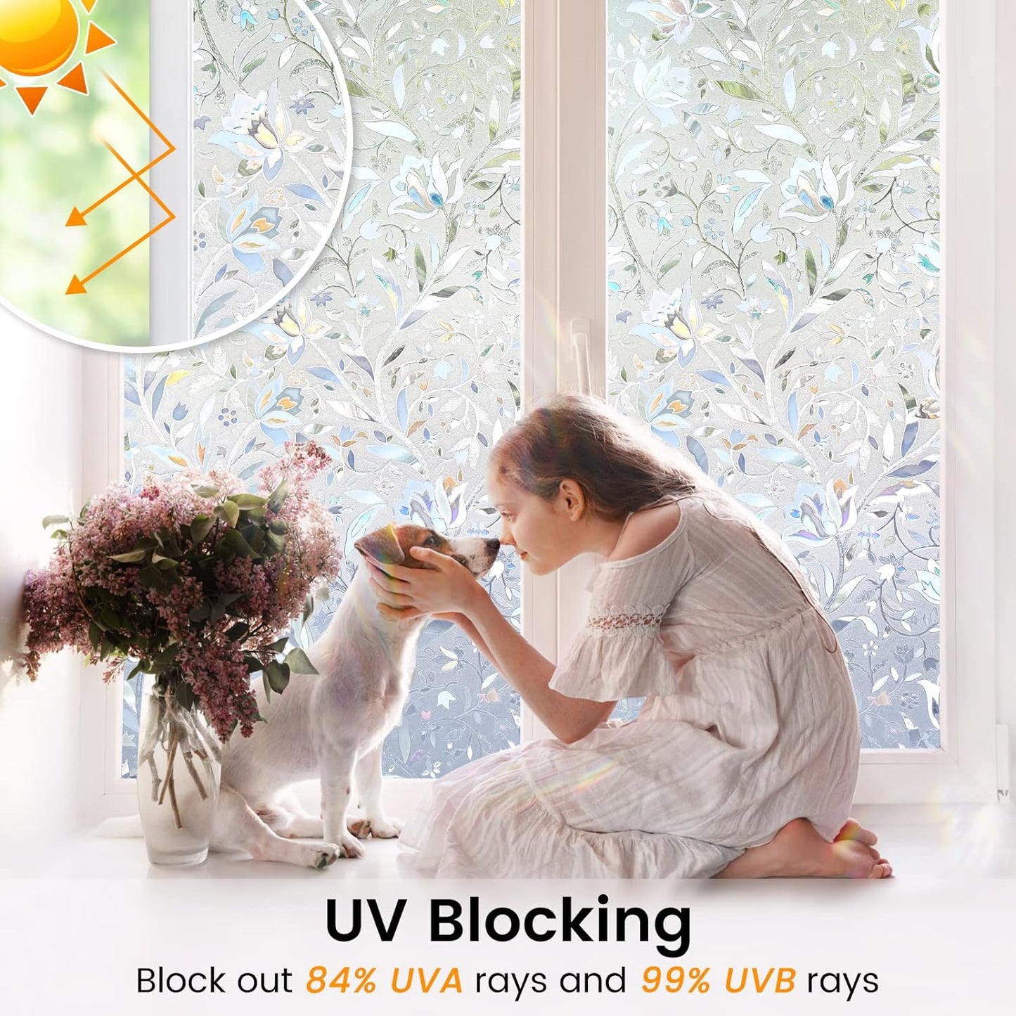 DOWELL Window Privacy Film, 3D Stained Glass Rainbow Films, Decorative Window Vinyl Sun Blocker Door Covering, Static Cling Non-Adhesive Glass Sticker for Home, Blooming Flowers, 35.4"x118"