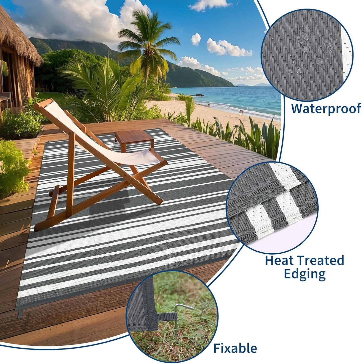 Outdoor Plastic Straw Rug 9x18 Waterproof Outside Rug, Large Modern Striped Reversible Floor Mats, Foldable & Lightweight Camping Carpet for Patio, Porch, Deck, Backyard, Balcony, Grey