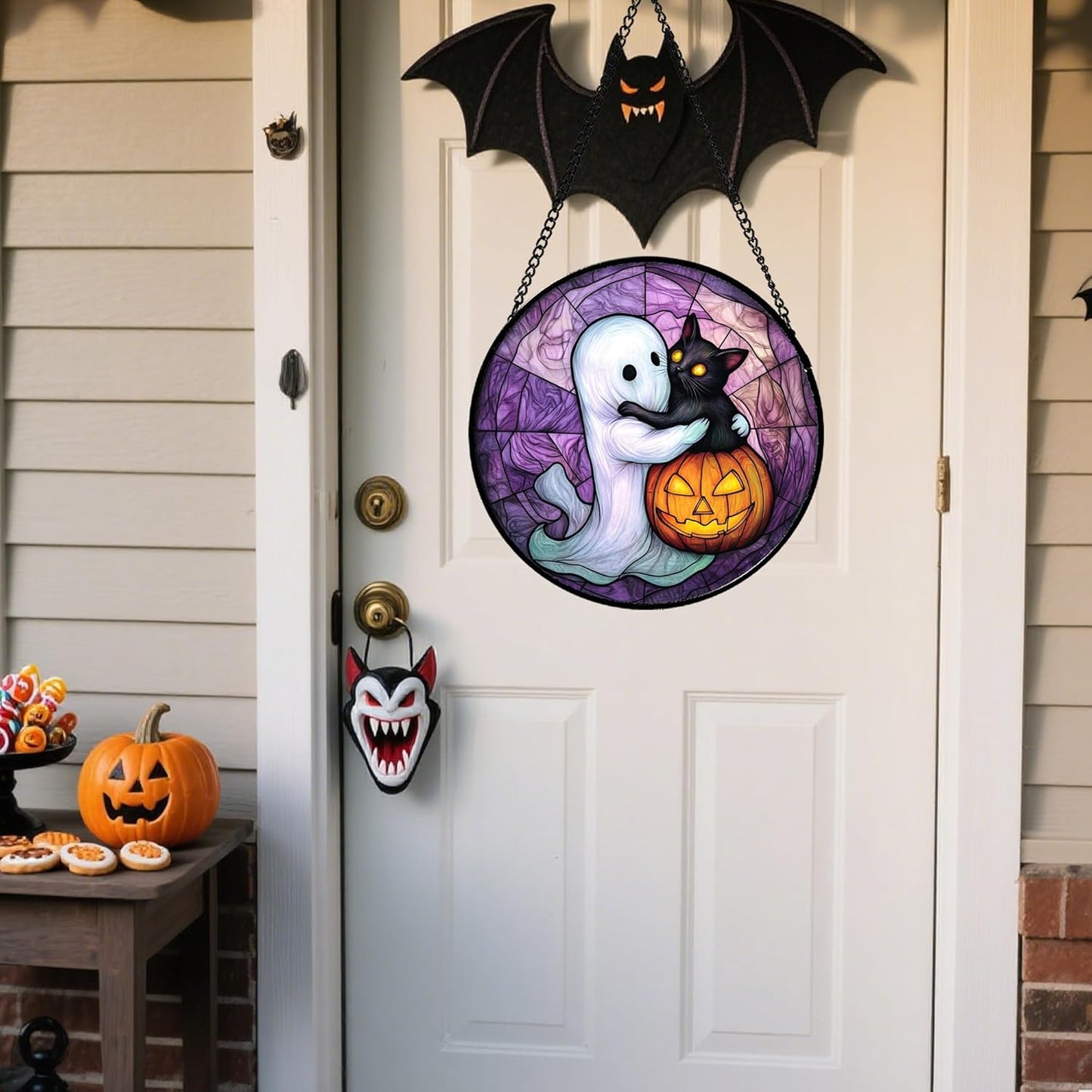 Stained Glass Window Hanging - Halloween Decorations Ghost Black Cat Pumpkin Suncatcher for Door Garden Spooky Purple Sun Catchers Gothic Decor Horror Gifts for Women Men Friend Boy 11.8 in