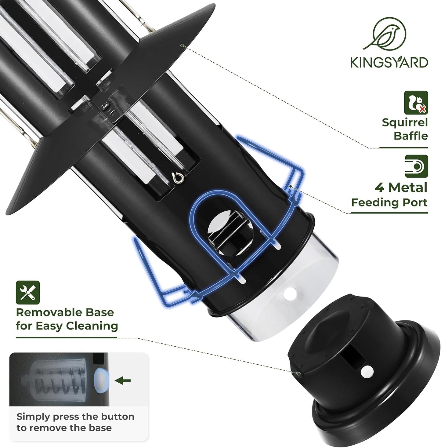 Kingsyard Squirrel Proof Bird Feeder with Removable Base, All Metal, Tube Bird Feeders for Outdoors Hanging, Easy to Clean & Refill, Black