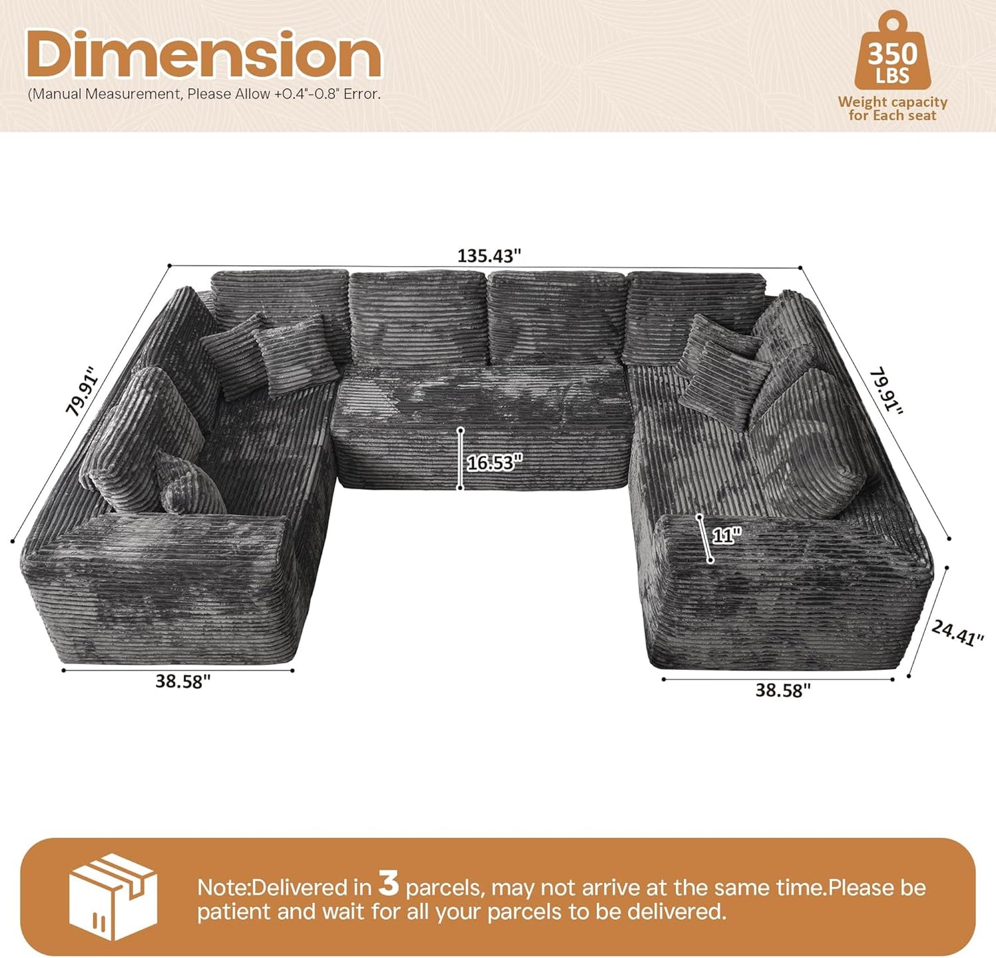 Cloud Sectional Couches for Living Room,U Shaped Modular Sofas No Assembly,135x79 Inches Plush Corduroy Oversized Floor Couch Set with Deep Seat Chaise,Grey