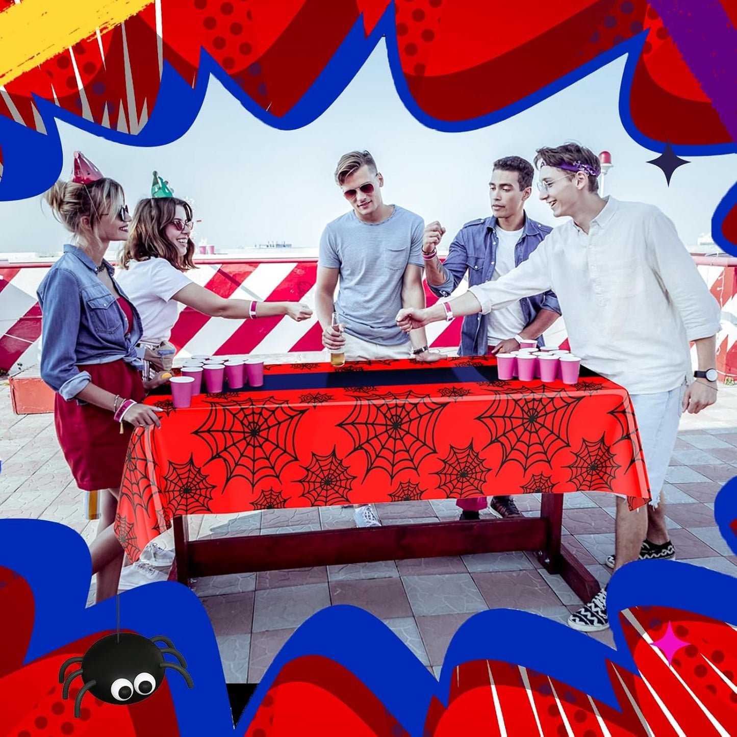 Oudain 3 Pack Spider Theme Birthday Decorations Halloween Purple Black Red Pink Green Web Ghost Bat Tablecloth Cartoon Table Cover Party Favor for Birthday (Black,Red,Spider)