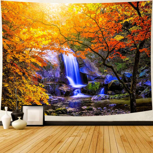 Delur Waterfall Tapestry Forest Nature Scenic Tree Mountain Sunset Tapestry Wall Hanging Natural Landscape Sunrise Headboard for Bedroom Living Room Home Decor (59.1" x 78.7")