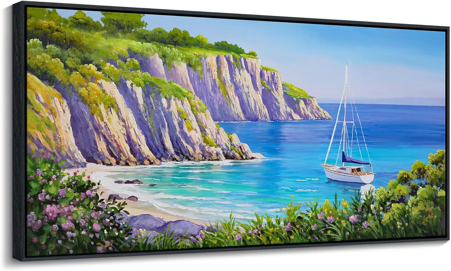 QZQCBLC Large Coastal Wall Art - Blue Sea Sailing Boat Canvas Pictures Purple Flower Mountains Ocean Landscape Paintings Artwork for Living room Bedroom Home Office Framed Beach Decor 24"X48"