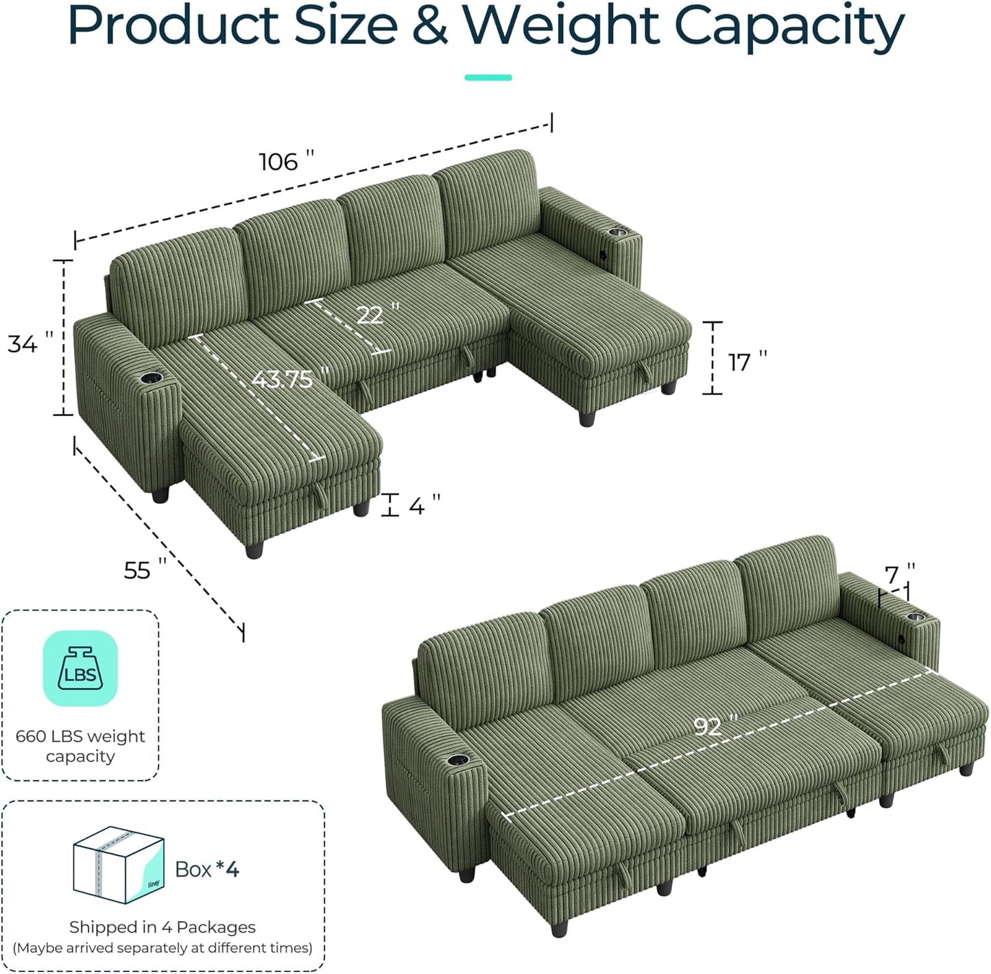 LINSY HOME Sectional Sleeper Sofa with Pull Out Couch Bed - Convertible Plush Corduroy Cloud Couch with Storage Chaise & USB Charging, Comfy U Shaped Modular Couches for Living Room, Green