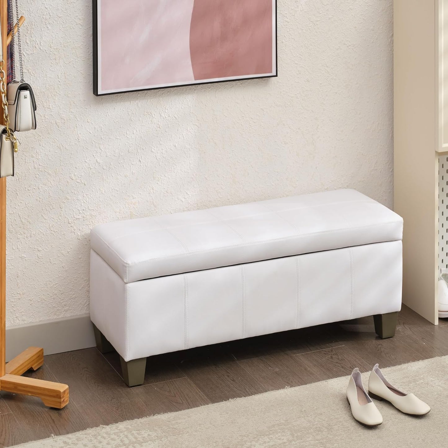 White Faux Leather Ottoman with Storage, Rectangular Extra Long Storage Bench for Bedroom and Living Room