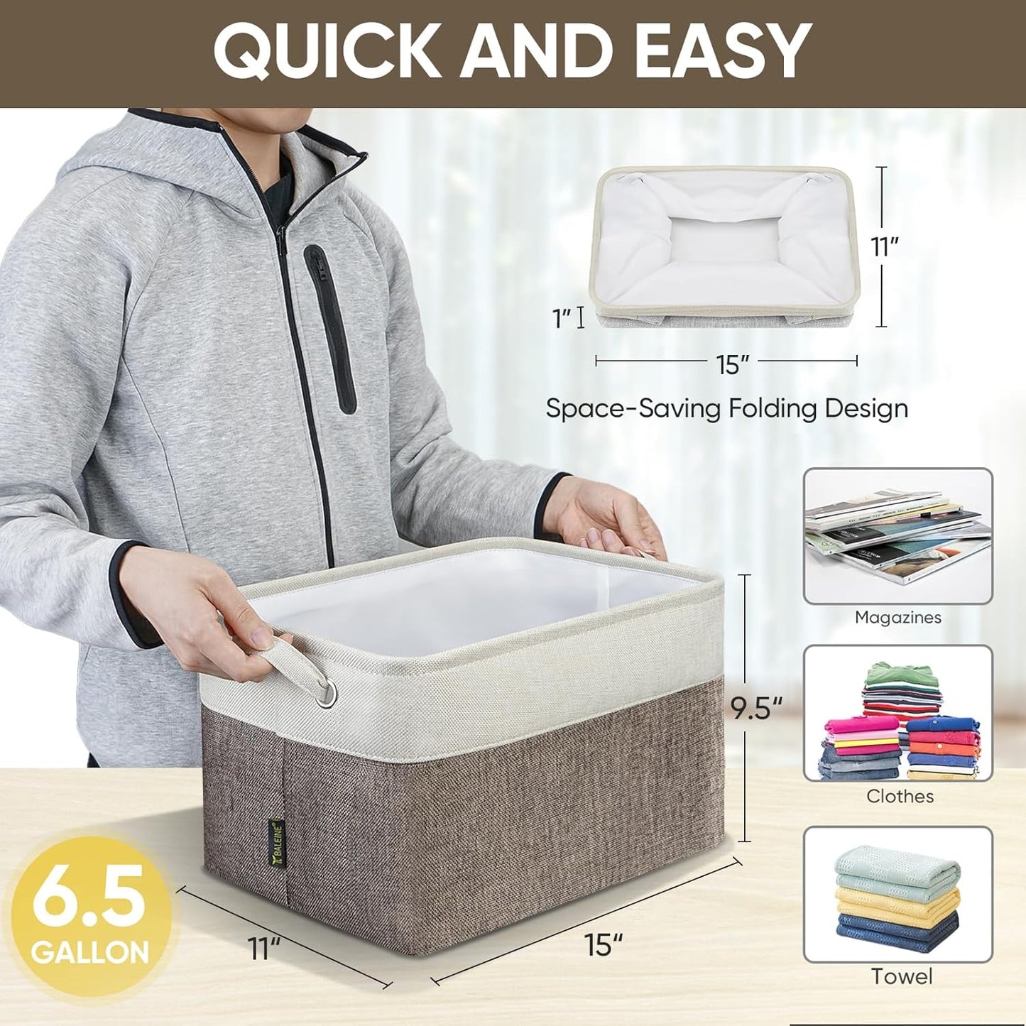 BALEINE 3 Pack Fabric Storage Bins for Shelves, Linen Storage Baskets for Organizing, Decorative Closet Bins for Clothes, Home (Brown, 15"x11"x9.5") ﻿