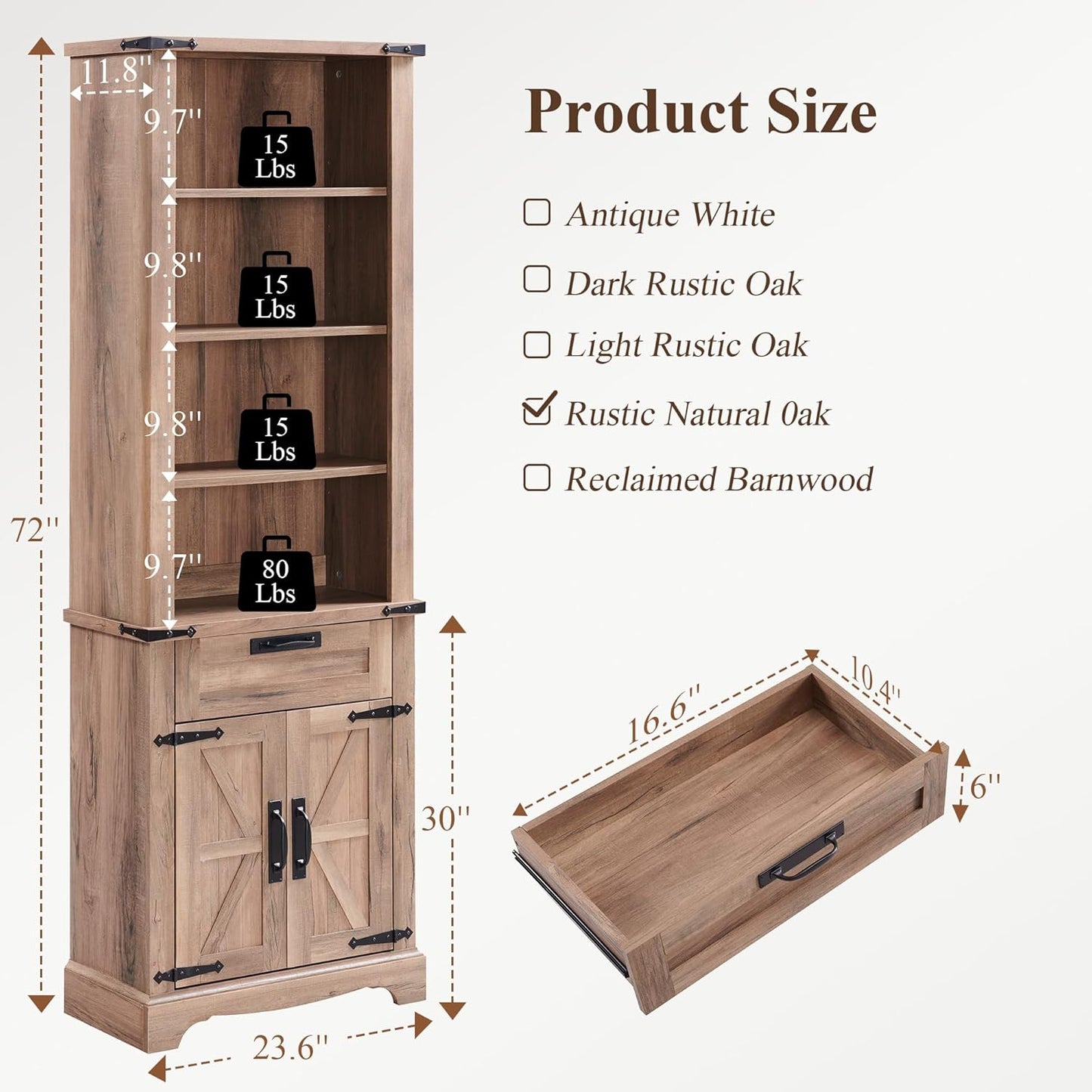 RedLemon Bookshelf with Storage Cabinet, 72" Tall Farmhouse Bookcase with Adjustable Shelves and Barn Door, 4 Tier Office Wood Bookshelf with Retro Metal Handles for Office, Library (Natural Oak)