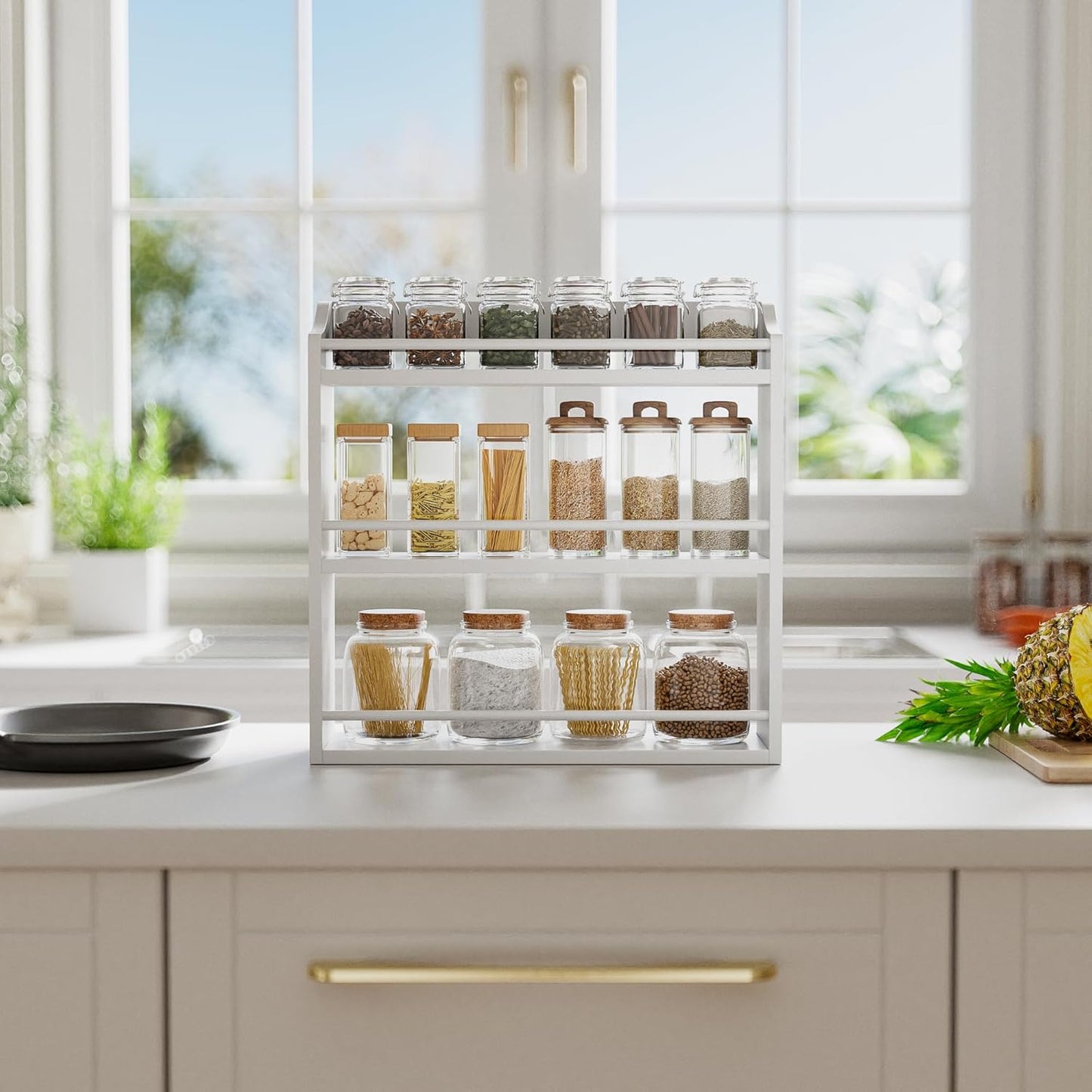 Spice Rack Wall Mounted, Freestanding Spice Organizer for Countertop, Bamboo Spice Storage Holder, for Kitchen Cupboard, Pantry, Bathroom (White)