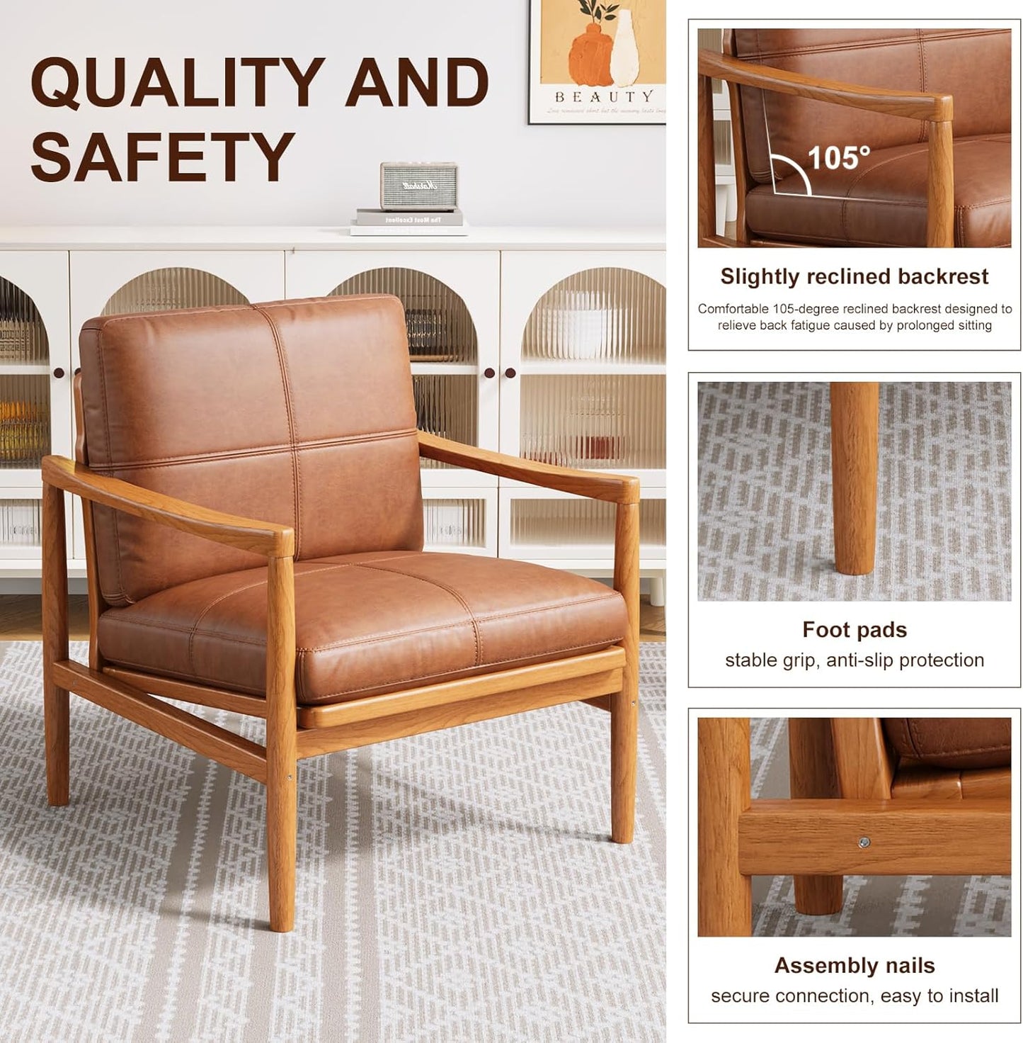 Mid Century Modern Accent Chair, Wooden Accent Chairs, Accent Chairs for Living Room, Wood Frame & Soft Cushion, Reading Leisure Chair for Living Room, Reading Room, Bedroom