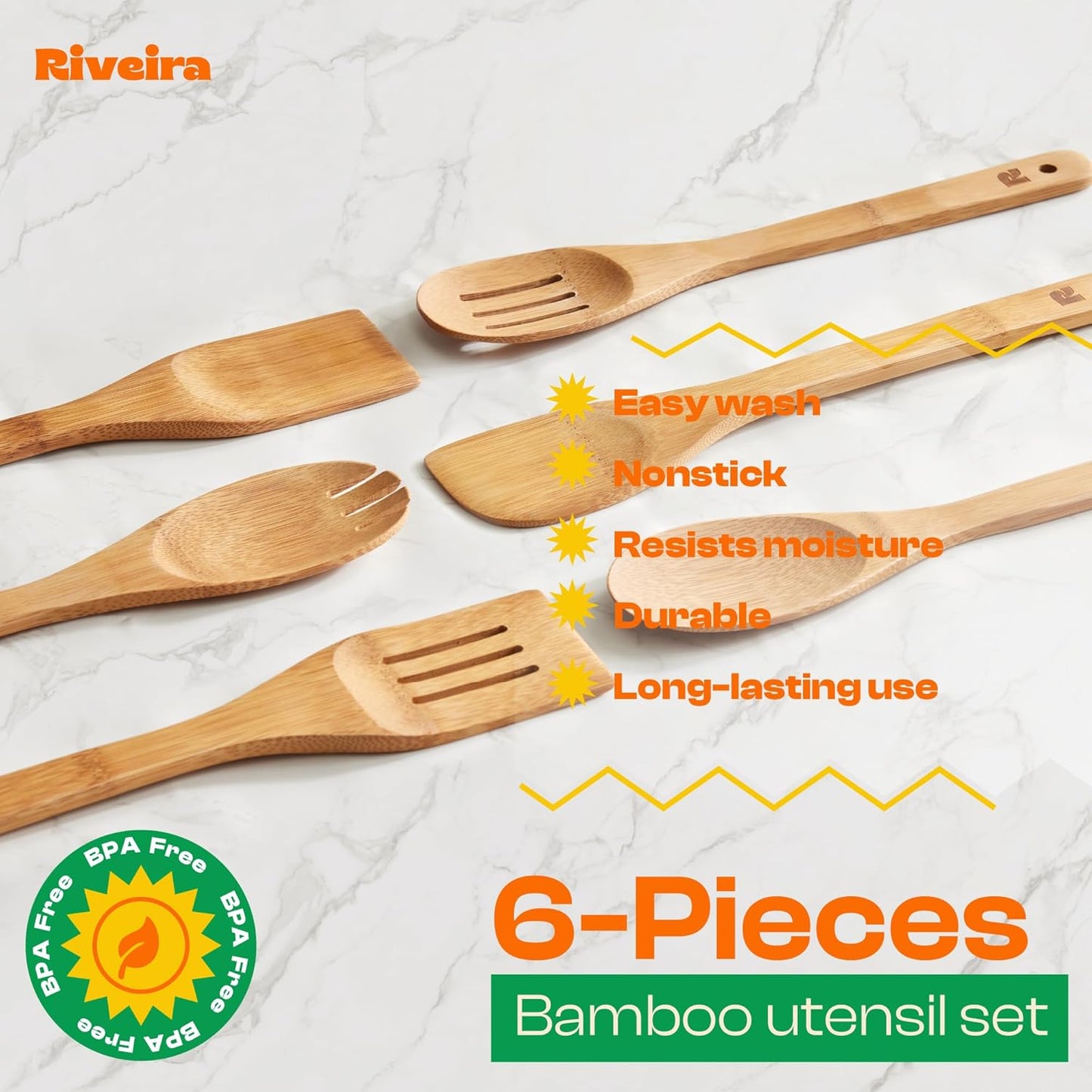 Riveira Dark Bamboo Wooden Spoons for Cooking 6-Piece, Apartment Essentials Wood Spatula Spoon Nonstick Kitchen Utensil Set Premium Quality Housewarming Gifts for Everyday Use