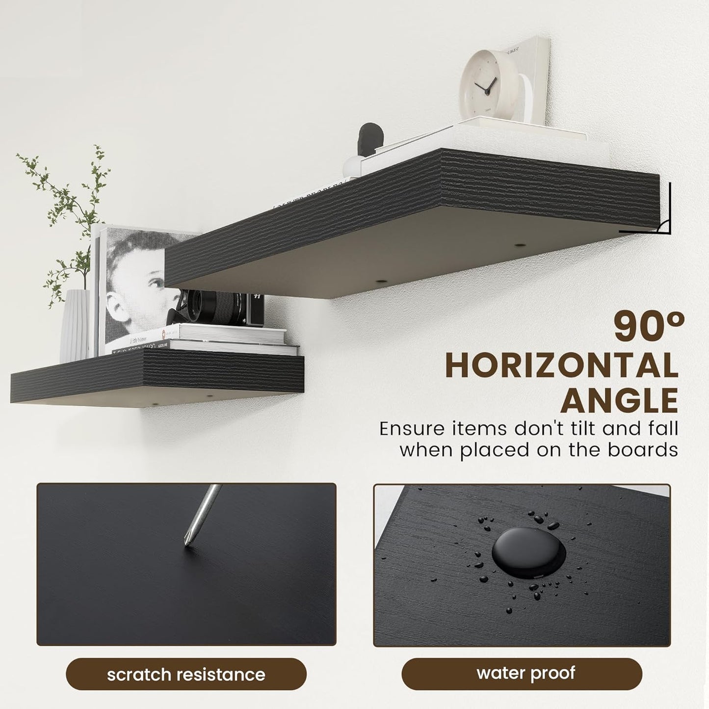 Deep Floating Shelves for Wall, 12'' Deep Large Floating Shelves Set of 2, 36 Inch Distressed Black Wood Shelves for Living Room Bathroom Laundry Room Bedroom Kitchen Home Office - Black