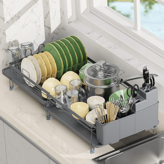 ROTTOGOON Expandable Dish Drying Rack,Multifunctional Adjustable Dish Drainer with Swivel Spout and Anti-Rust Dish Rack with Removable Cutlery & Cup Holders for Kitchen Counter,Dark Grey