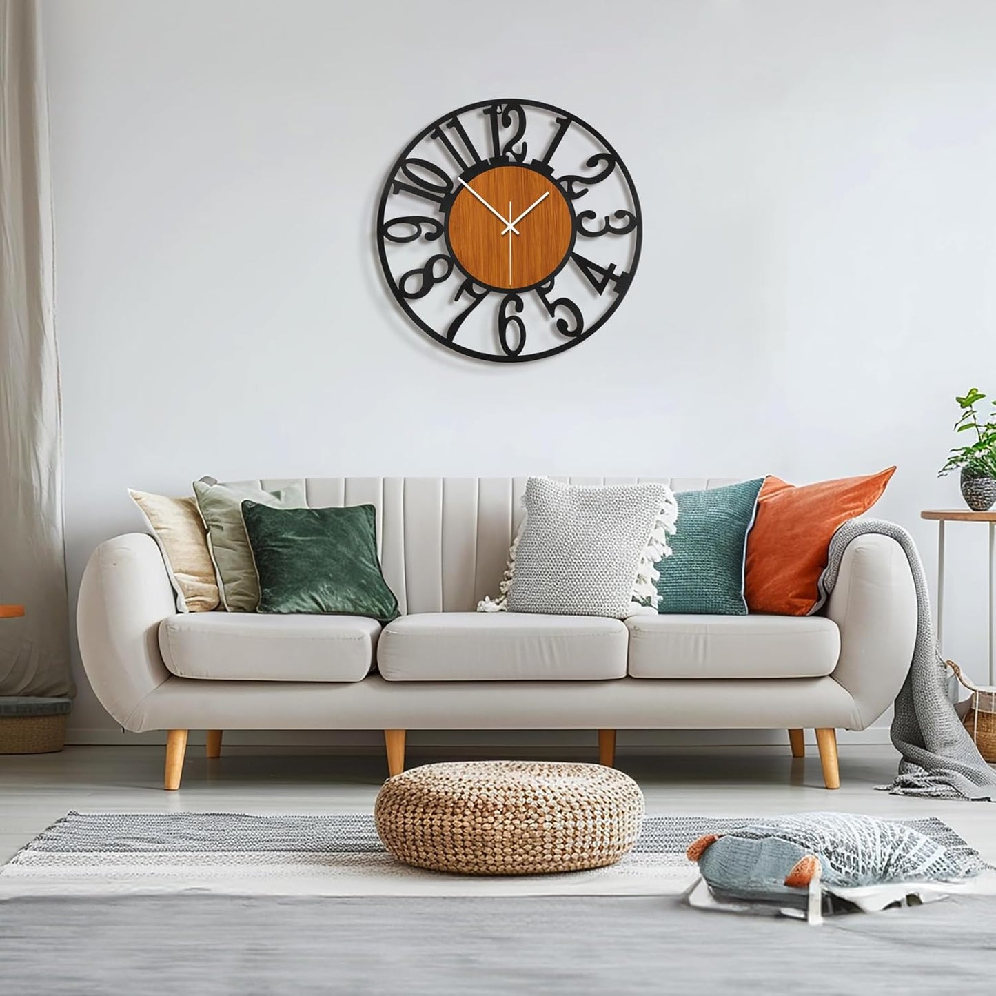 Maxstar Round Wall Clock for Living Room Decor Battery Operated Non Ticking Black Metal Wood Clocks for Home Living Room Garden Office Kitchen Decoration -13 inch