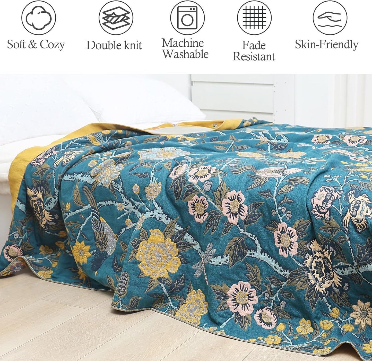 Snycler Boho Throw Blanket for Bed - 100% Cotton Ultra Soft Rustic Quilt Blanket Green Bird Floral Printed Farmhouse Decor Bed Blankets, 80"×90" All Season Rustic Throw for Sofa Couch Chair