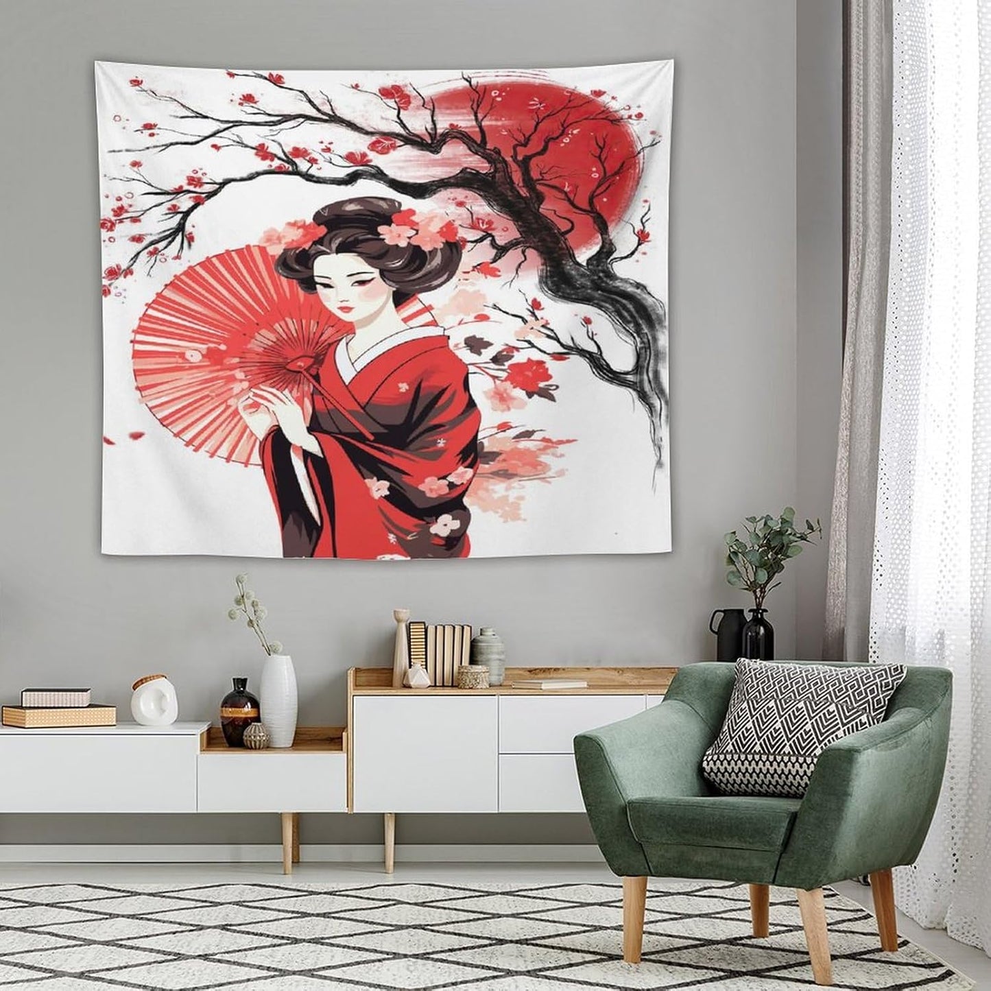 Japanese Red Geisha Tapestry Asian Cherry Blossom Traditional Kimono Folk Tapestries Home Decor for Living Room Bedroom Apartment Farmhouse Dorm 60"x50"
