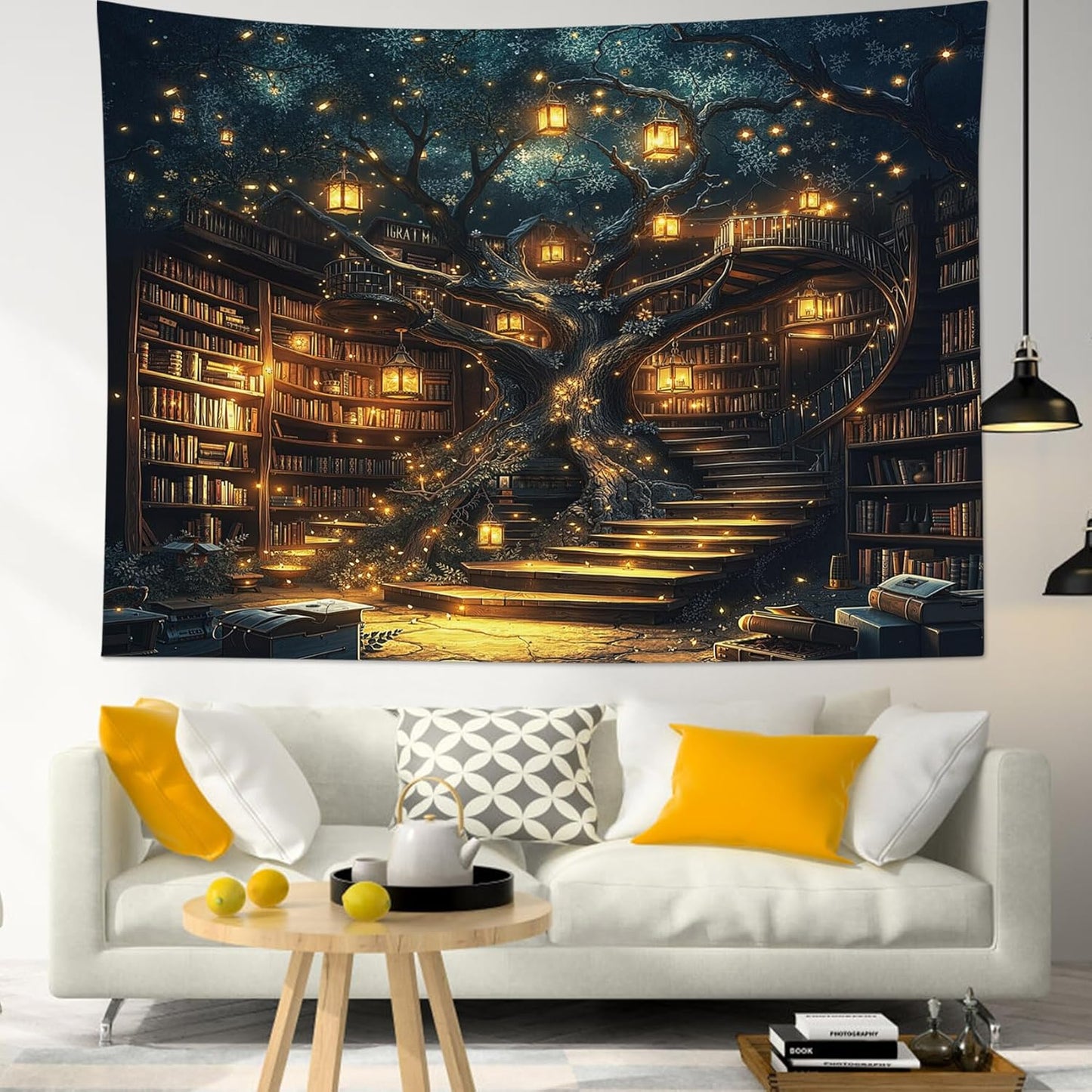 HVEST Fantasy Library Bookshelf Tapestry for Classroom Fairytale Tree Magic Bookshelf Wall Decor Retro Vintage Tapestry for Bedroom Living Room Study Room Dorm, 60L x 80W Inches