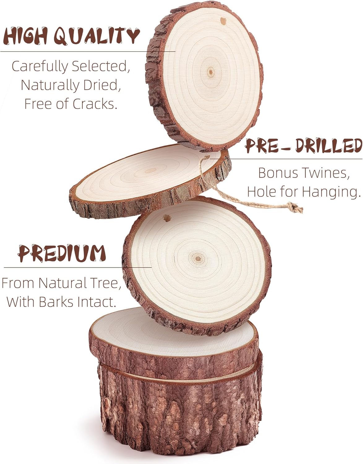 Unfinished Wood Slices with Hole, Natural Wood Circles Blank with Bark for DIY Crafts, Home Decor, Christmas Ornament (30Pcs, 2.4-2.8 Inch)