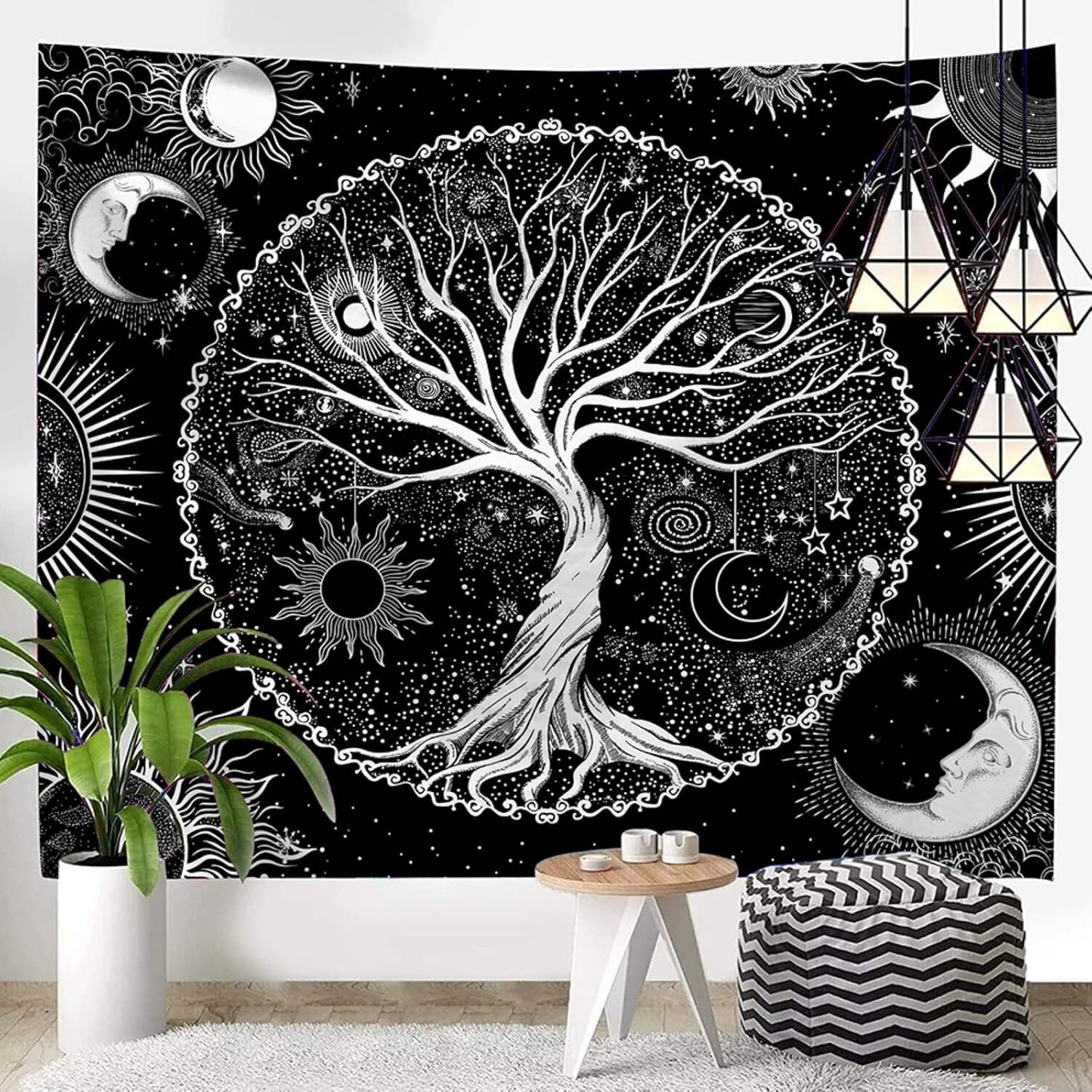 AACKart Tree of Life Tapestry for Bedroom Aesthetic Room Decor-Black and White Spiritual Tree Tapestry Wall Hanging with Sun Moon Star 78.7×59.1 inches