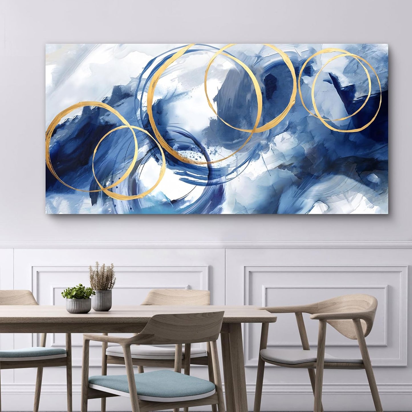AJAZIKO Abstract Wall Art Blue Modern Art Wall Decor Artwork For Walls Living Room Huge Wall Canvas Office Pictures For Wall Navy Gold Contempor Decorations For Bedroom Size 24x48in