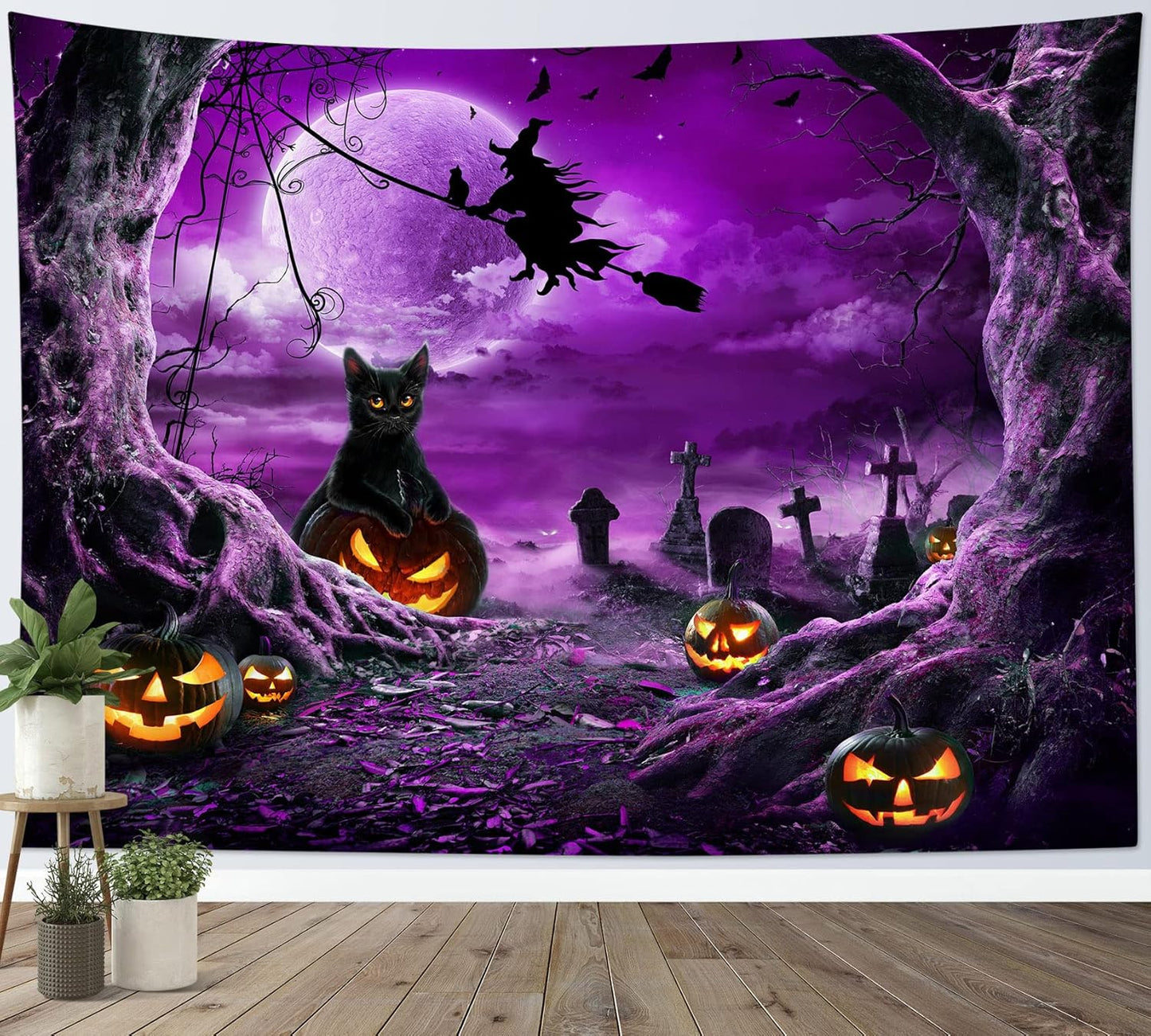 LB Halloween Wall Art - Horror Witch Cat and Dead Tree Pumpkin Lights with Spooky Graveyard Wall Tapestry Purple Full Moon over Misty Forest for Bedroom Living Room - 92.5x70.9 Inches