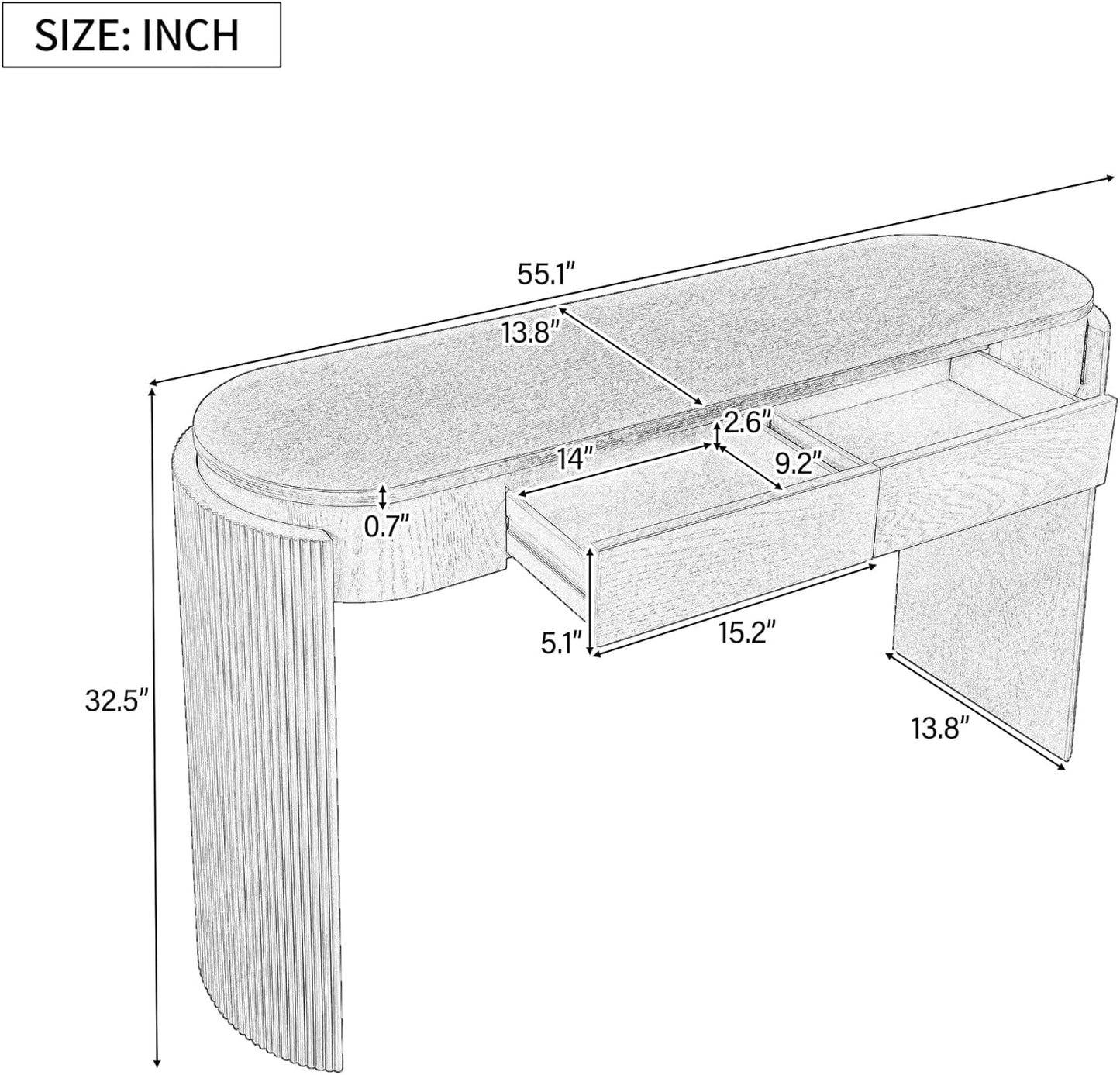 55" Sofa Table with Oval Top and 2 Drawers, Entryway Console Table with Fluted Design for Hallway,Foyer,Entry and Living Room (Fully Assembled-Black)