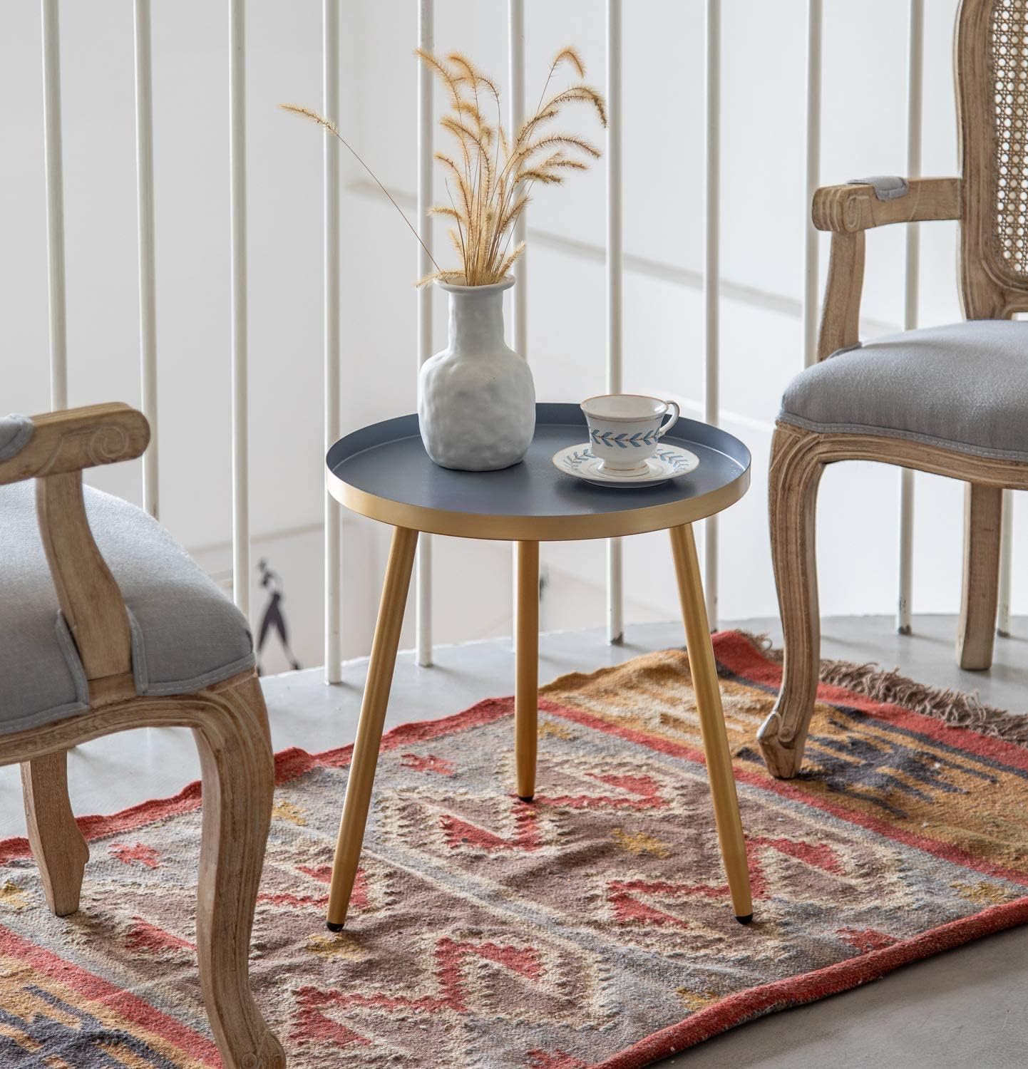 AOJEZOR Side Table: End Table for Indoor Use - Round Side Tables for Small Spaces - Grey Top 3 Legged Gold