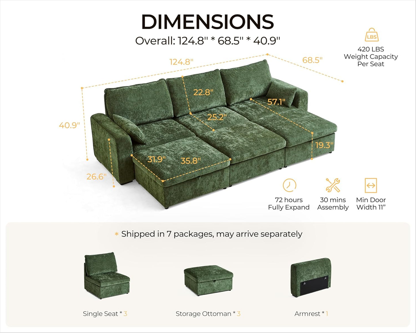 Oversized Modular Sofa Comfy Cloud Couch with Storage, Extra Deep Plush Sectional Sofa Set for Living Room, Covers Washable, Chenille, Olar (Green, 6-Seater with 3 Ottomans, Sleeper)