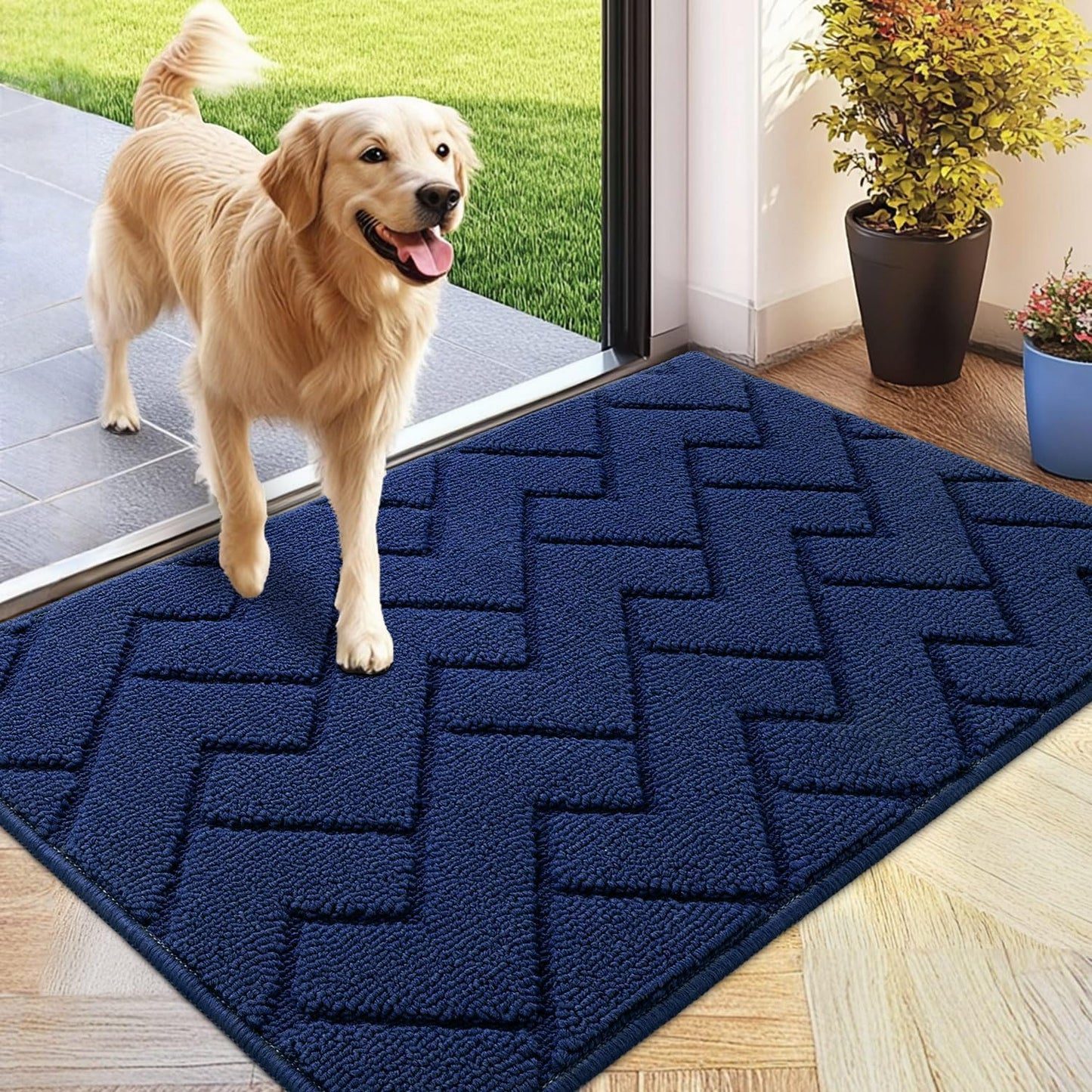 hicorfe Indoor Doormat,Front Back Door Mat Rubber Backing Non Slip Door Mats 24"x35" Absorbent Resist Dirt Entrance Doormat Inside Floor Mats for Entryway Washable Low-Profile (Navy Blue)