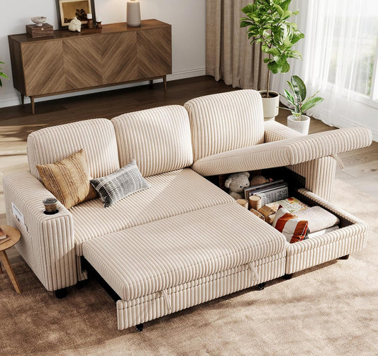 LINSY HOME Sectional Sleeper Sofa with Pull Out Couch Bed - Convertible Plush Corduroy Cloud Couch with Storage Chaise & USB Charging, Comfy L Shaped Modular Couches for Living Room Apartment, Beige