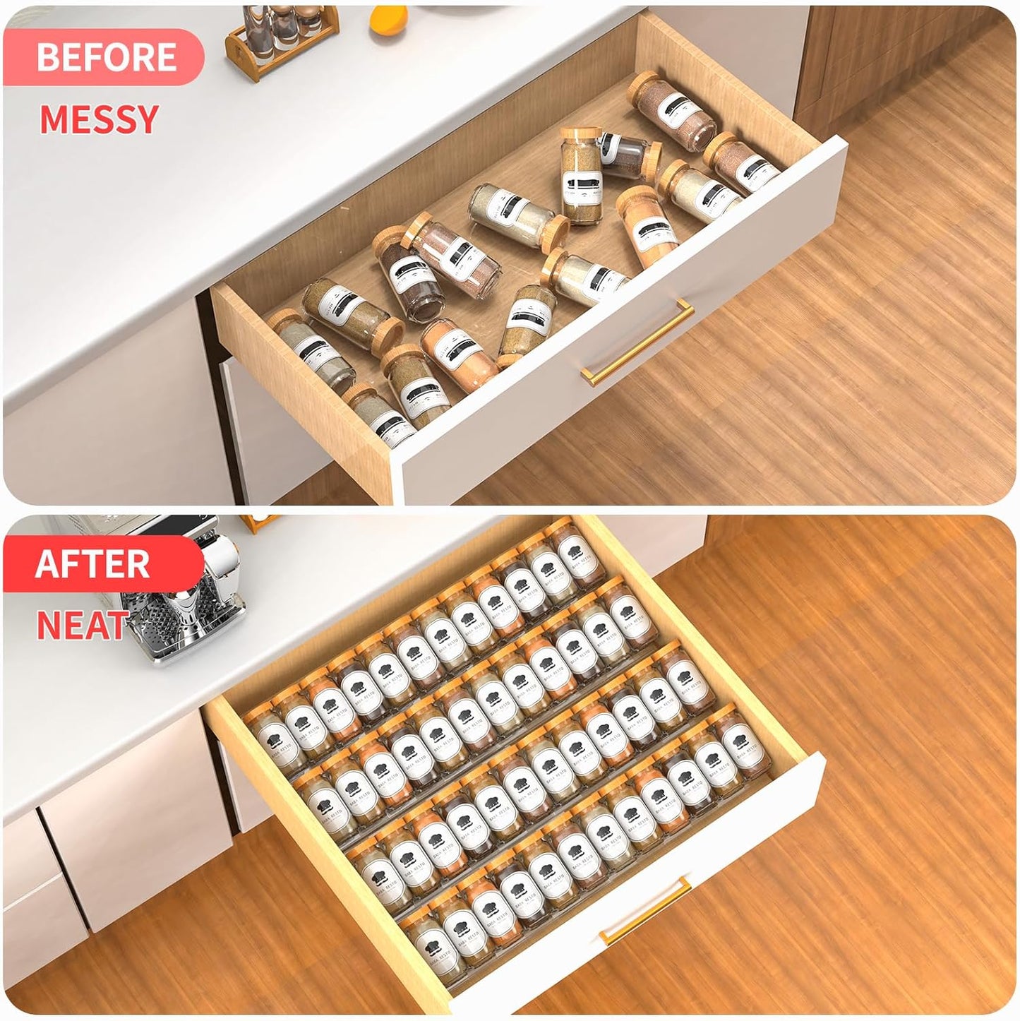 4-Tier Non-Slip Spice Drawer Organizer, 4-Pack Checkered Frosted Clear Acrylic, Expandable (11''-22'') Spice Rack for Kitchen Drawer Storage – Holds Seasonings, Herbs, and Spices (Jars Not Included)