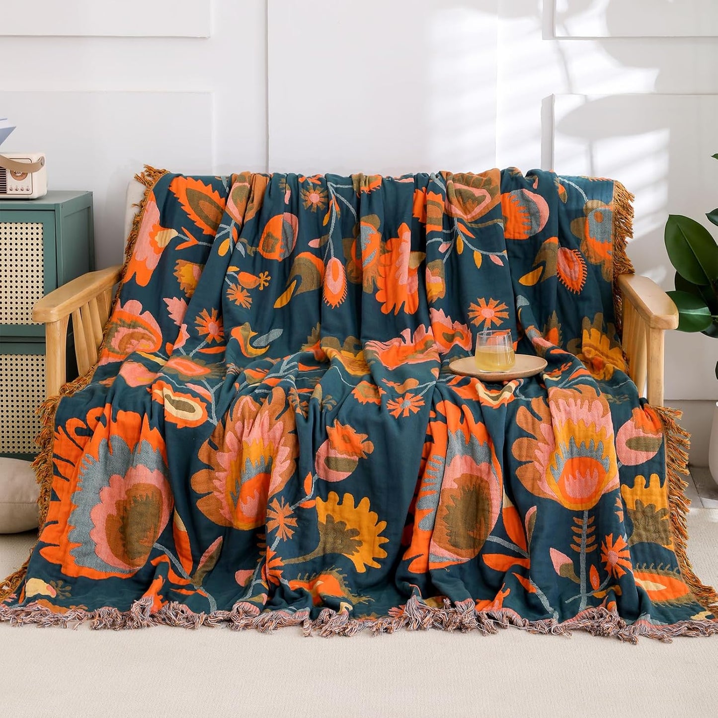 Snycler Boho Throw Blanket for Bed, 100% Organic Cotton Muslin Soft Throw-Orange Boho Floral Farmhouse Rustic Spring Summer Fall Decor Blanket for Couch Sofa Quilt and Gift, 60" x 80"
