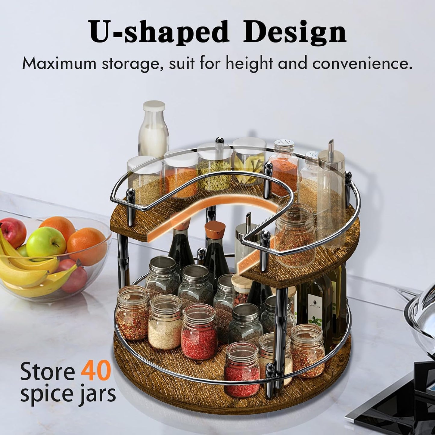 2-Tier Lazy Susan Organizer Turntable Spice Organization U-Shape 11.8" Rotating Spice Rack Height Adjustable for Cabinet, Pantry, Kitchen Countertop, Party