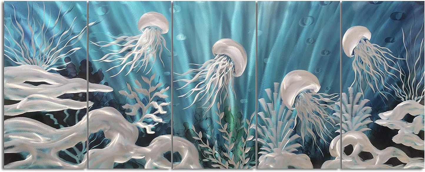Yihui Arts Blue Deep Ocean Extra Large Jellyfish Metal Wall Art, in Modern Ocean Design, 3D Wall Art for Modern and Contemporary Decor, 5-Panels, Metal Wall Decor Works Indoors and Outdoors