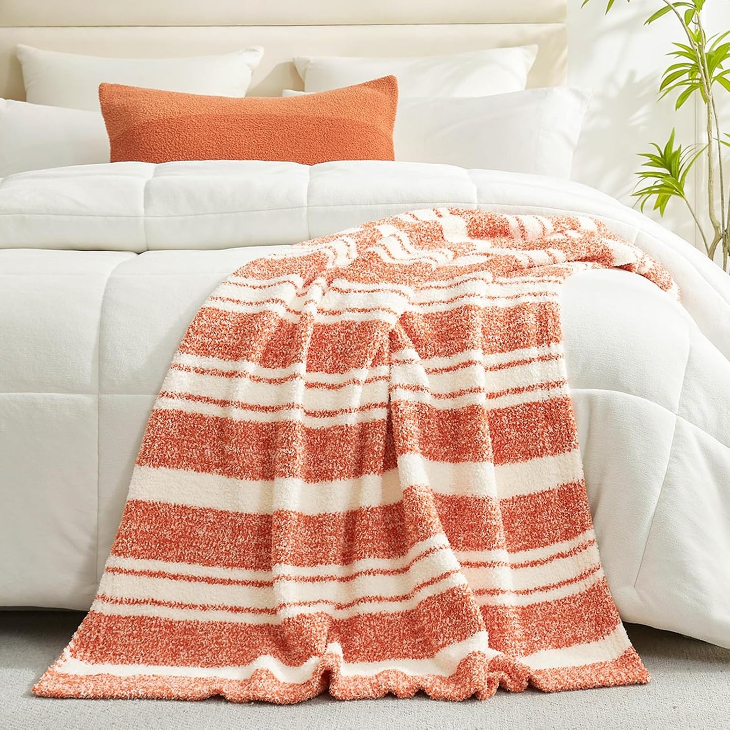 Snuggle Sac Orange Fall Throw Blanket for Couch, Reversible Super Soft Blankets Warm Cozy Knit Fuzzy Plush Blankets for Sofa,Living Room, Stripe Orange,50x60 inches