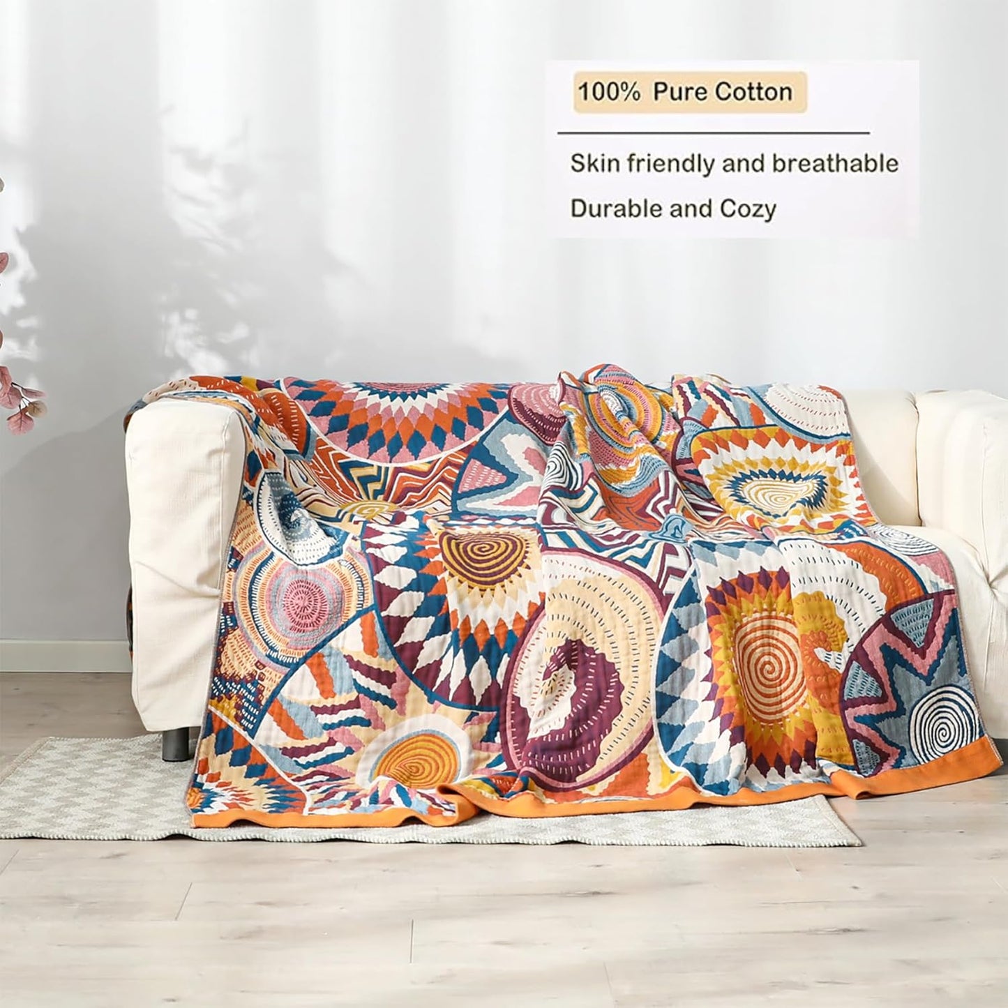 Boho Throw Blanket, 100% Organic Muslin Cotton Breathable Ultra Soft Bed Quilt Throw - All Season Floral Bird Butterfly Farmhouse Decor Blanket for Sofa Couch Chair and Gift. 80" x 90"