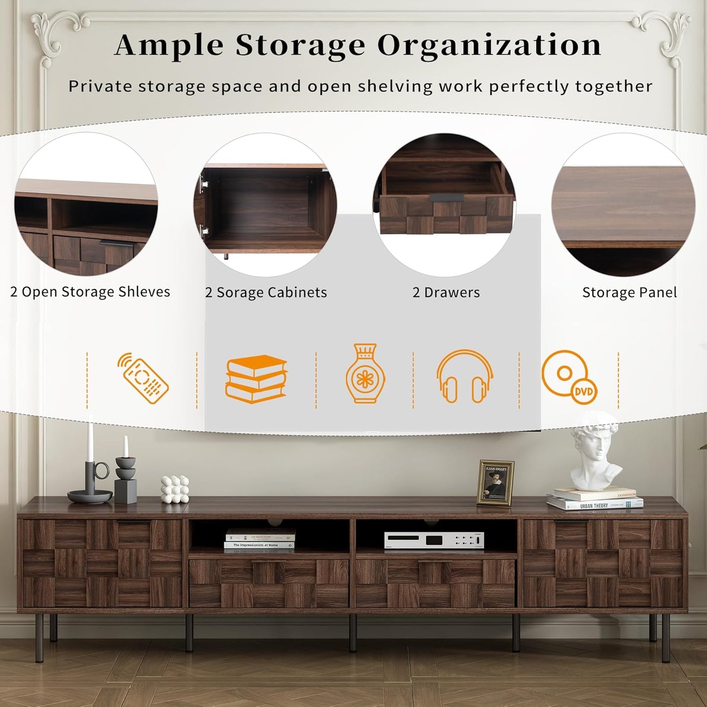 Modern TV Stand for TVs up to 85", Mid-Century Media Console with Checkered Cabinet Doors, Storage Drawers & Open Shelves, Wood Entertainment Center with Metal Legs