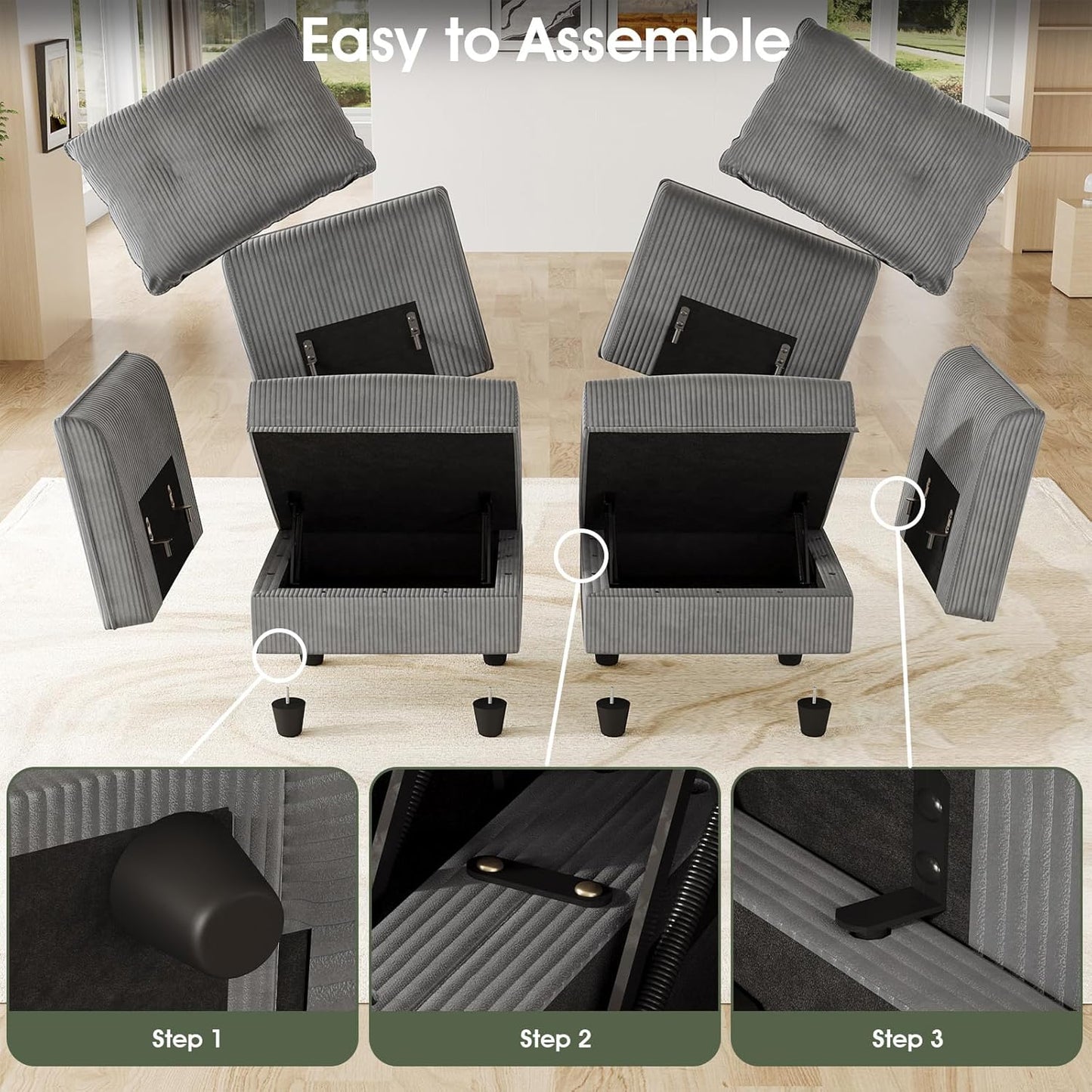 LLappuil Modular Sectional Sofa with Storage Seats, Corduroy Convertible Modular U Shaped Sectional Couch for Living Room, 8 Seat Oversized Sofa with 6 Back Cushion 6 Throw Pillow, Grey