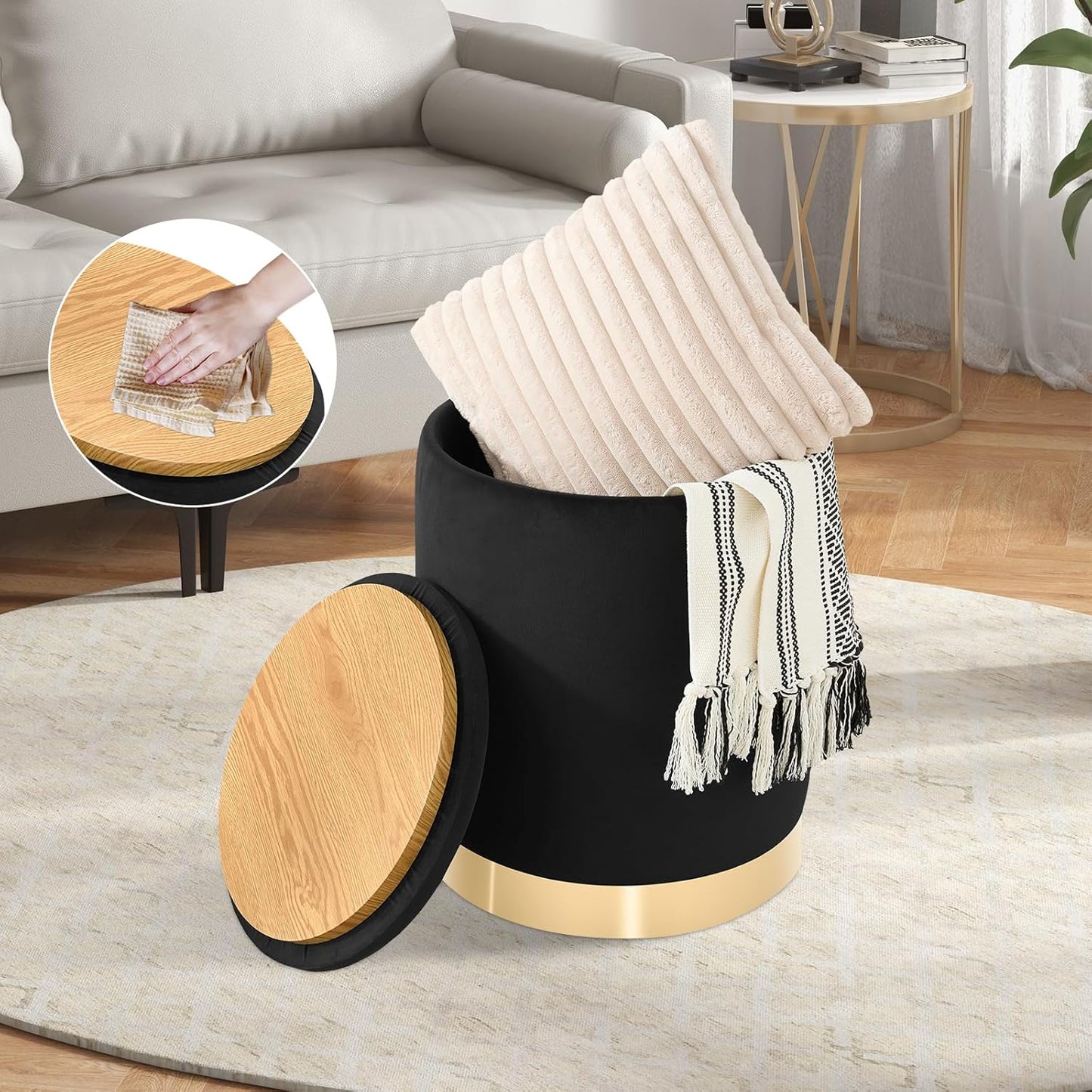 Round Ottoman with Storage Set of 2, Upholstered Velvet Storage Ottomans, Vanity Stool, Multifunctional Ottomans, Coffee Table Foot Rest Ottoman for Living Room Bedroom, Black