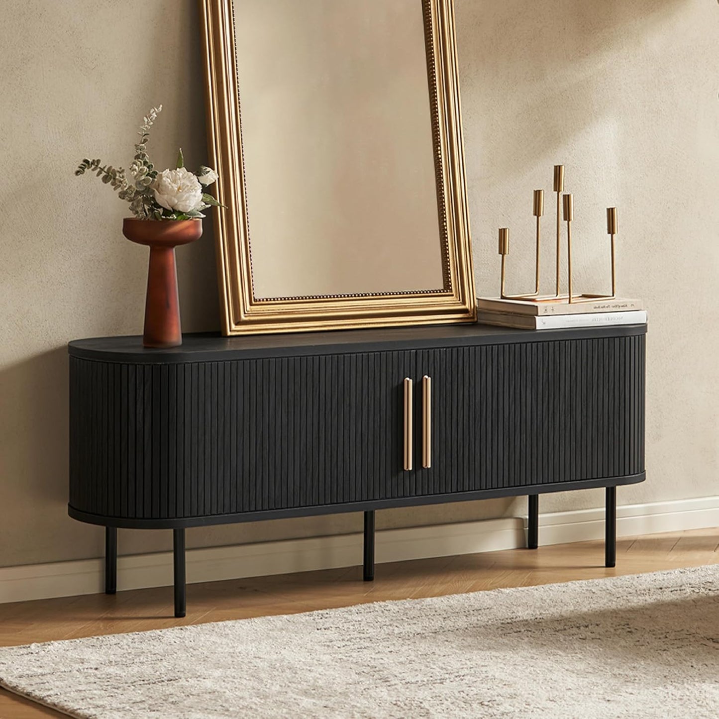 mopio Quin TV Stand, Mid Century Modern for 55/60/65 inch TV, Farmhouse TV Stand, Entertainment Center with Storage, TV and Media Console for Living Room (Black, 59" Tambour)